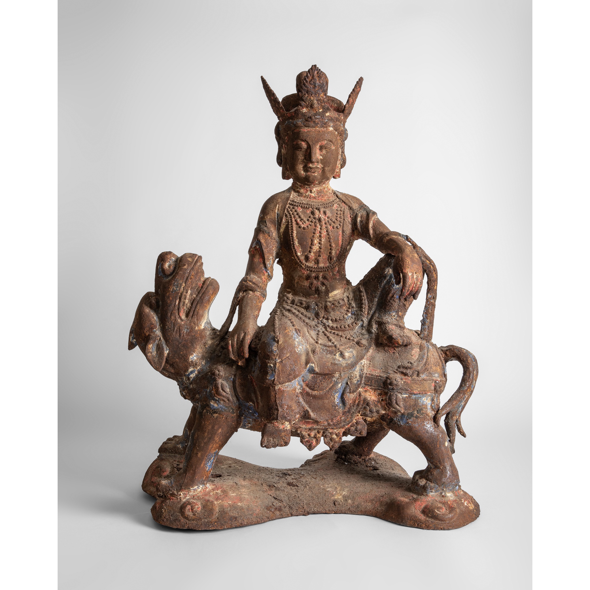 POLYCHROMED CAST-IRON FIGURE OF MANJUSHRI