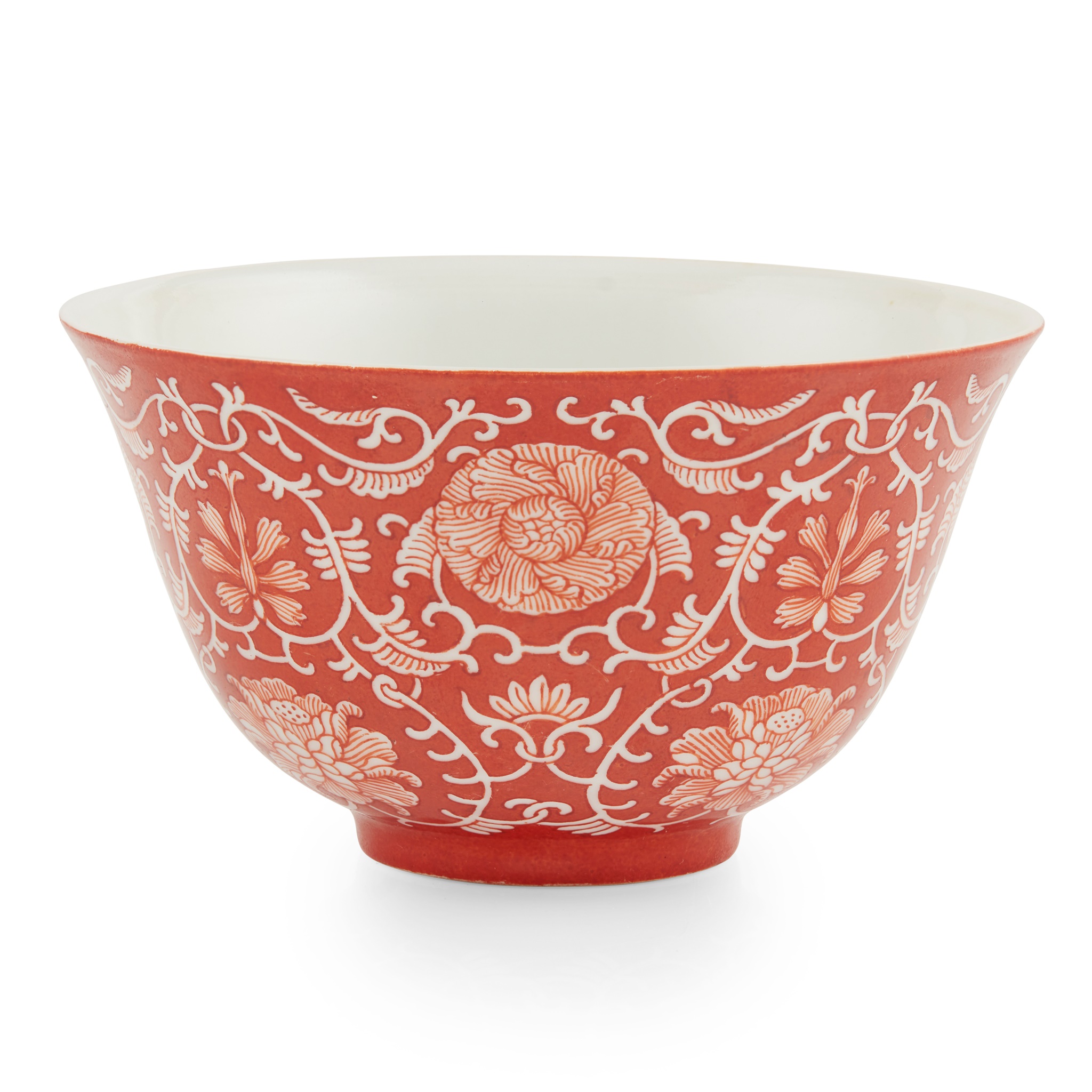 CORAL-GROUND RESERVE-DECORATED 'LOTUS' BOWL