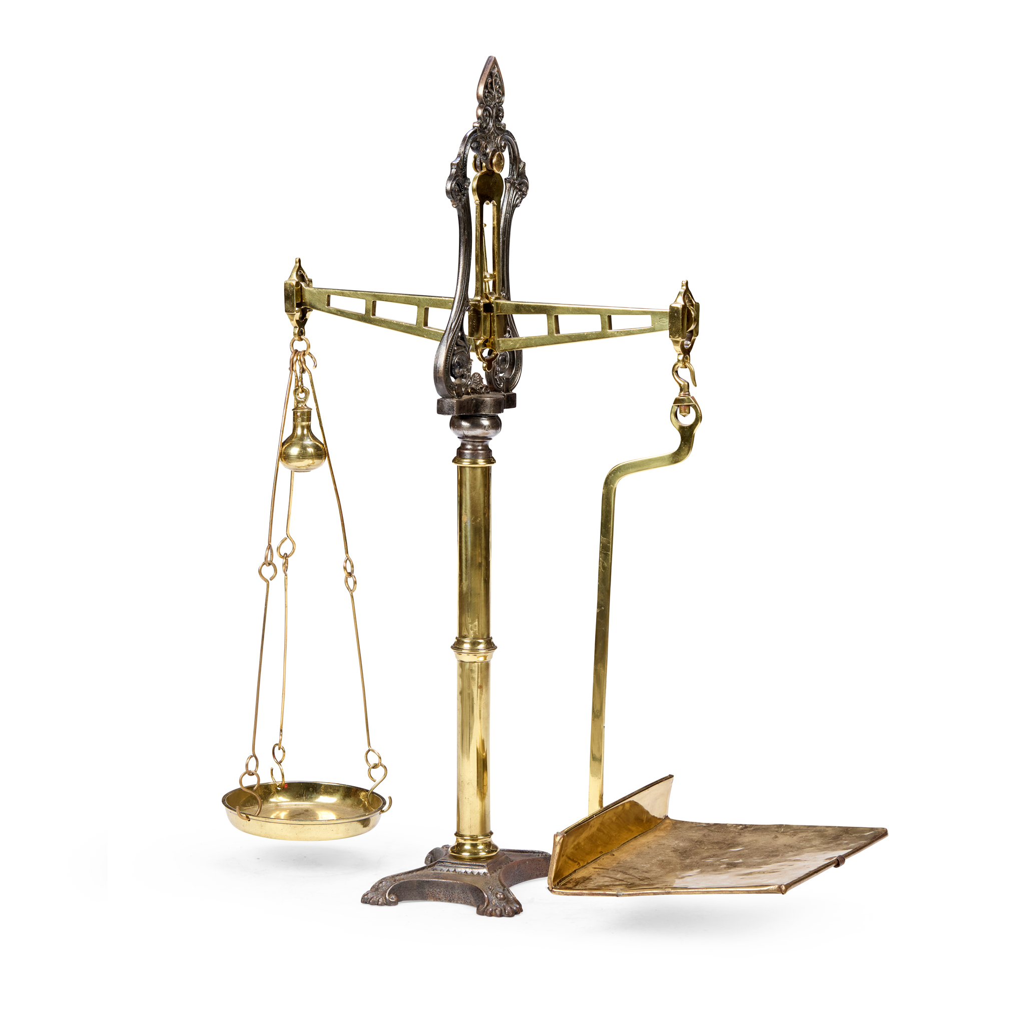 SET OF LARGE STEEL AND BRASS STANDING BALANCE SHOP SCALES