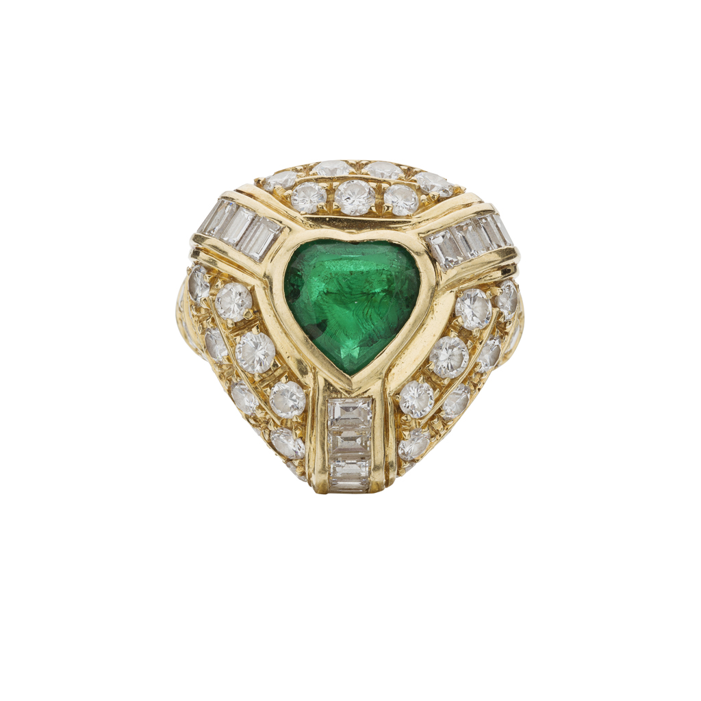 An emerald and diamond set cocktail ring