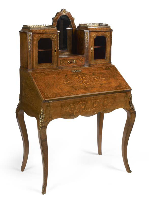 A late Victorian burr walnut and arabesque inlaid bonheur de jour