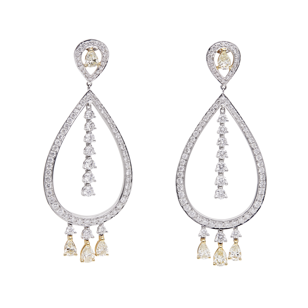 A pair of yellow and colourless diamond set pendant earrings
