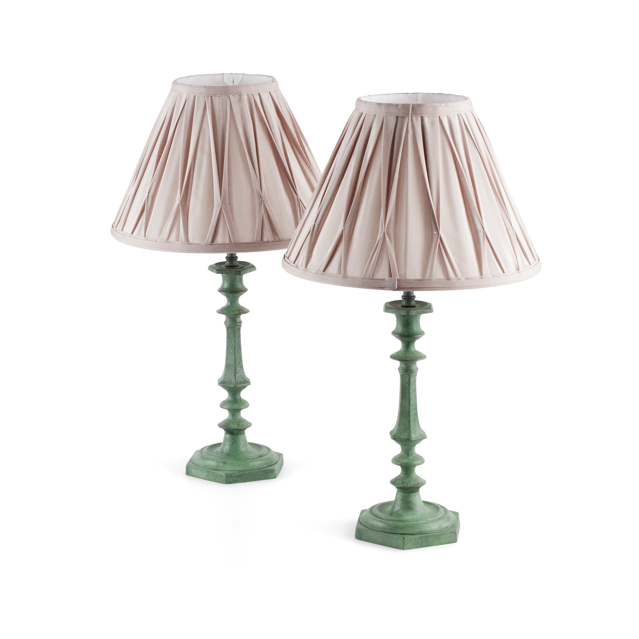 PAIR OF VERDIGRIS PATINATED BRONZE CANDLESTICK LAMPS