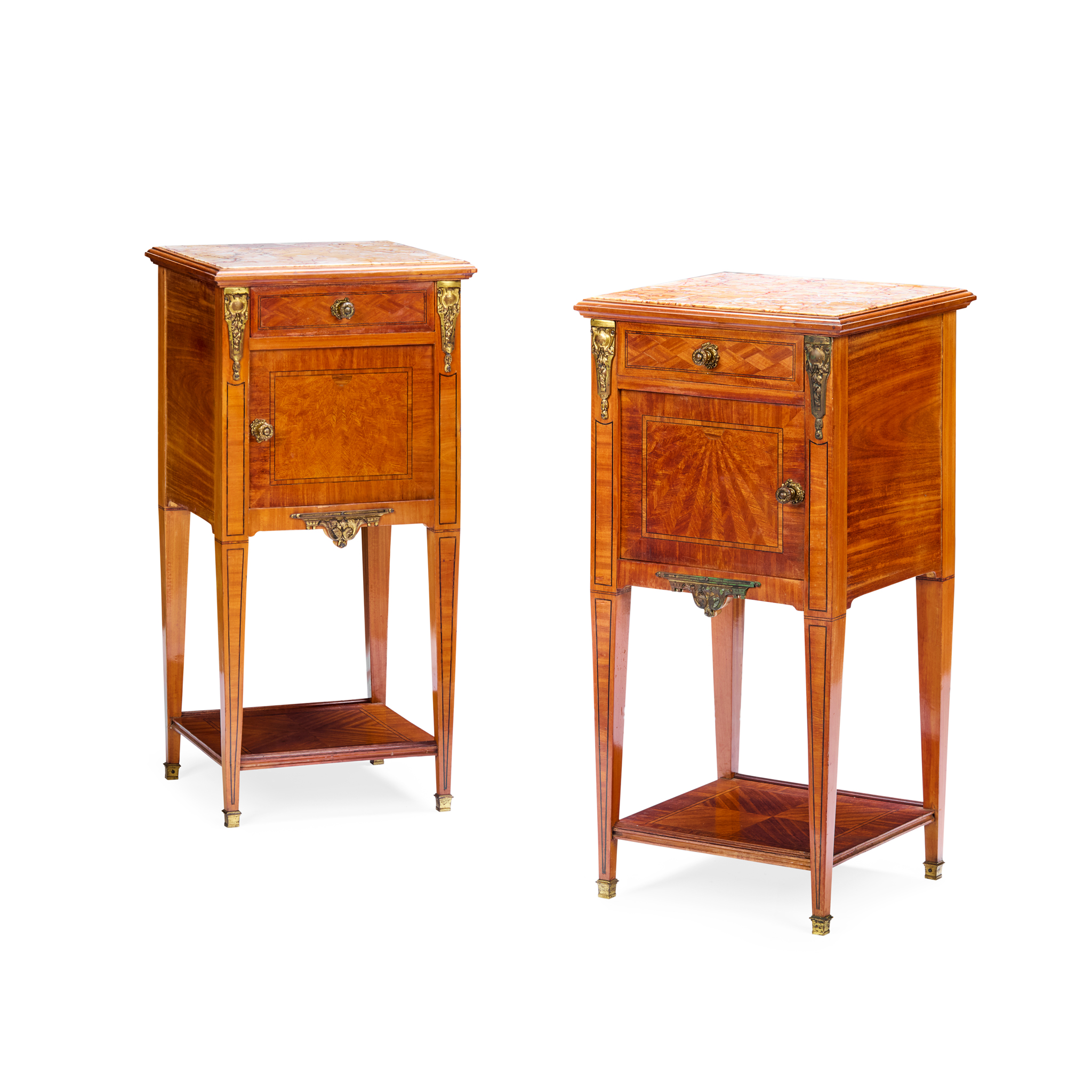 PAIR OF CONTINENTAL SATINWOOD, PARQUETRY AND MARBLE BEDSIDE CABINETS