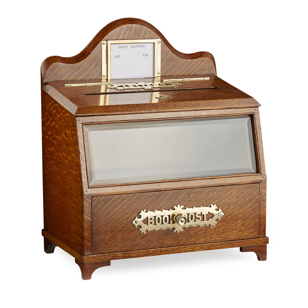 LATE VICTORIAN BRASS MOUNTED OAK LETTER AND BOOK POST BOX