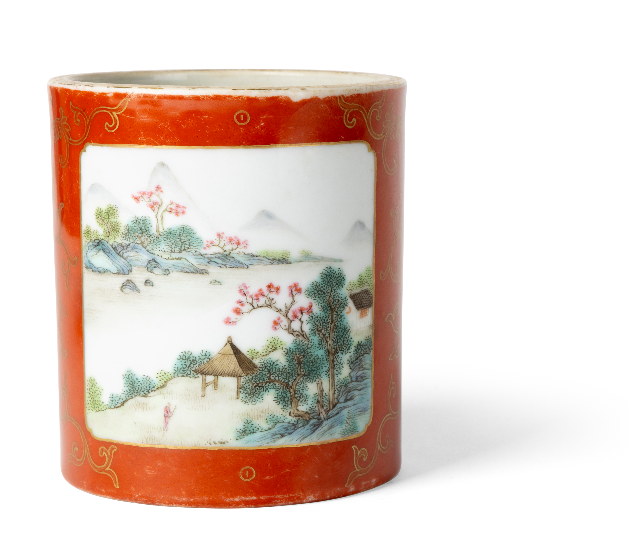CHINESE IRON-RED-GROUND GILT AND FAMILLE ROSE-DECORATED BRUSH POT