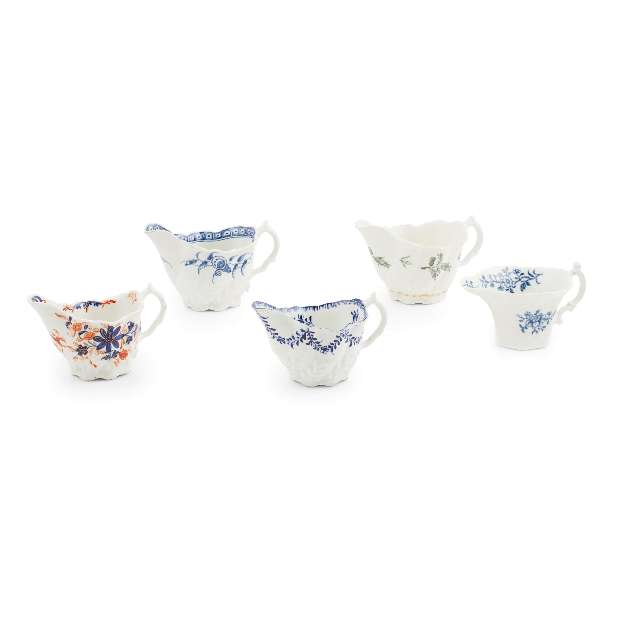 FIVE ENGLISH PORCELAIN 'CHELSEA LOW EWER' CREAMBOATS