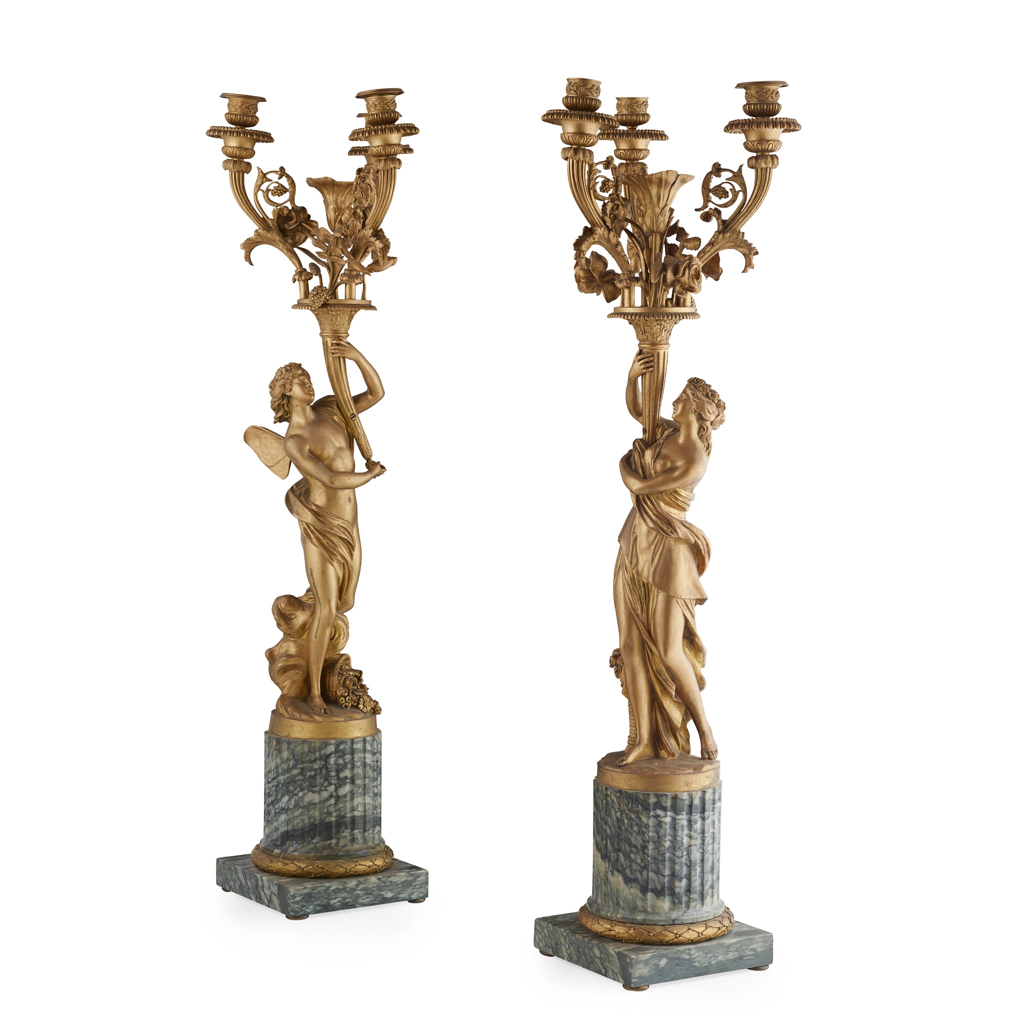 PAIR OF FRENCH GILT BRONZE AND GREY MARBLE FIGURAL CANDELABRA