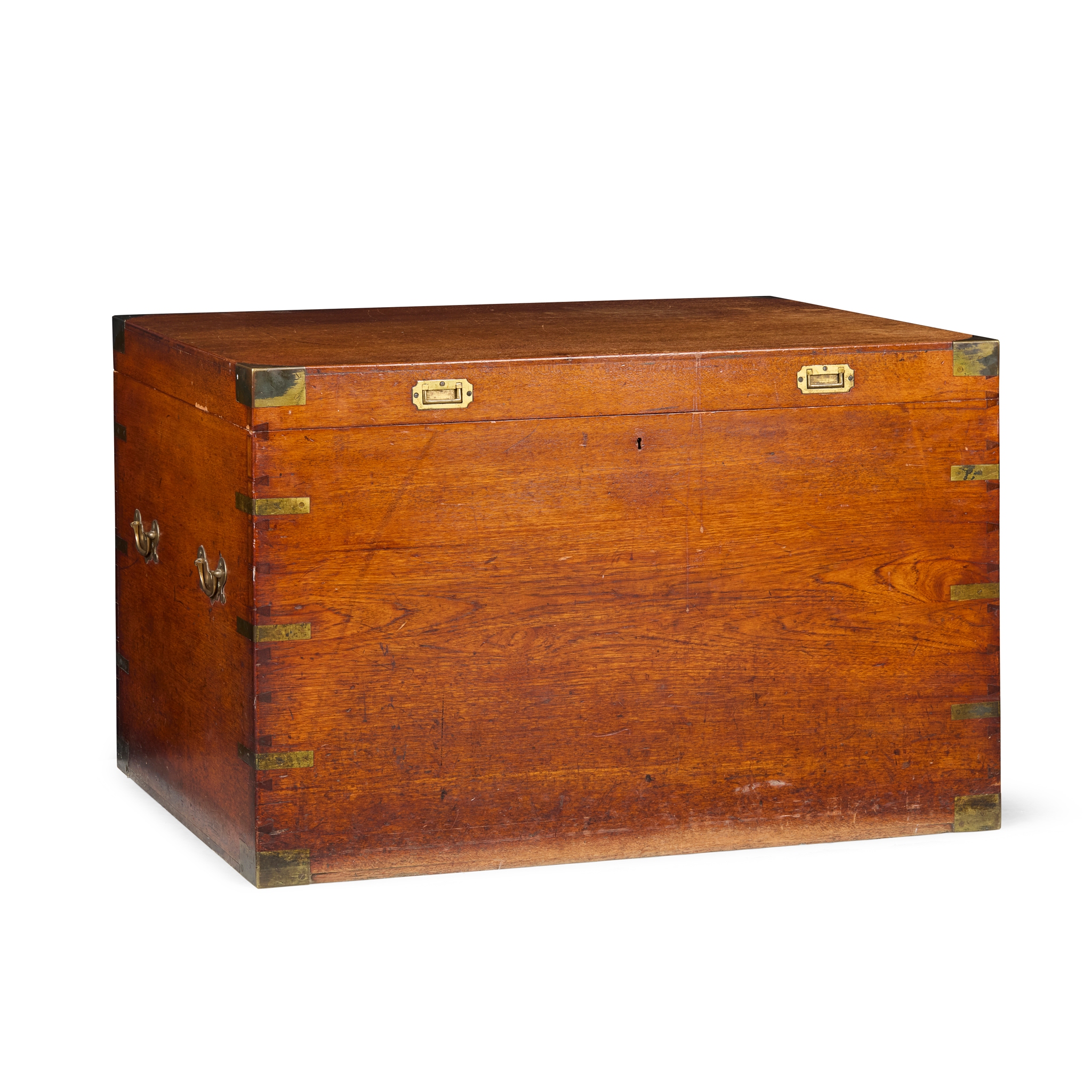 LARGE TEAK AND BRASS BANDED SILVER CHEST