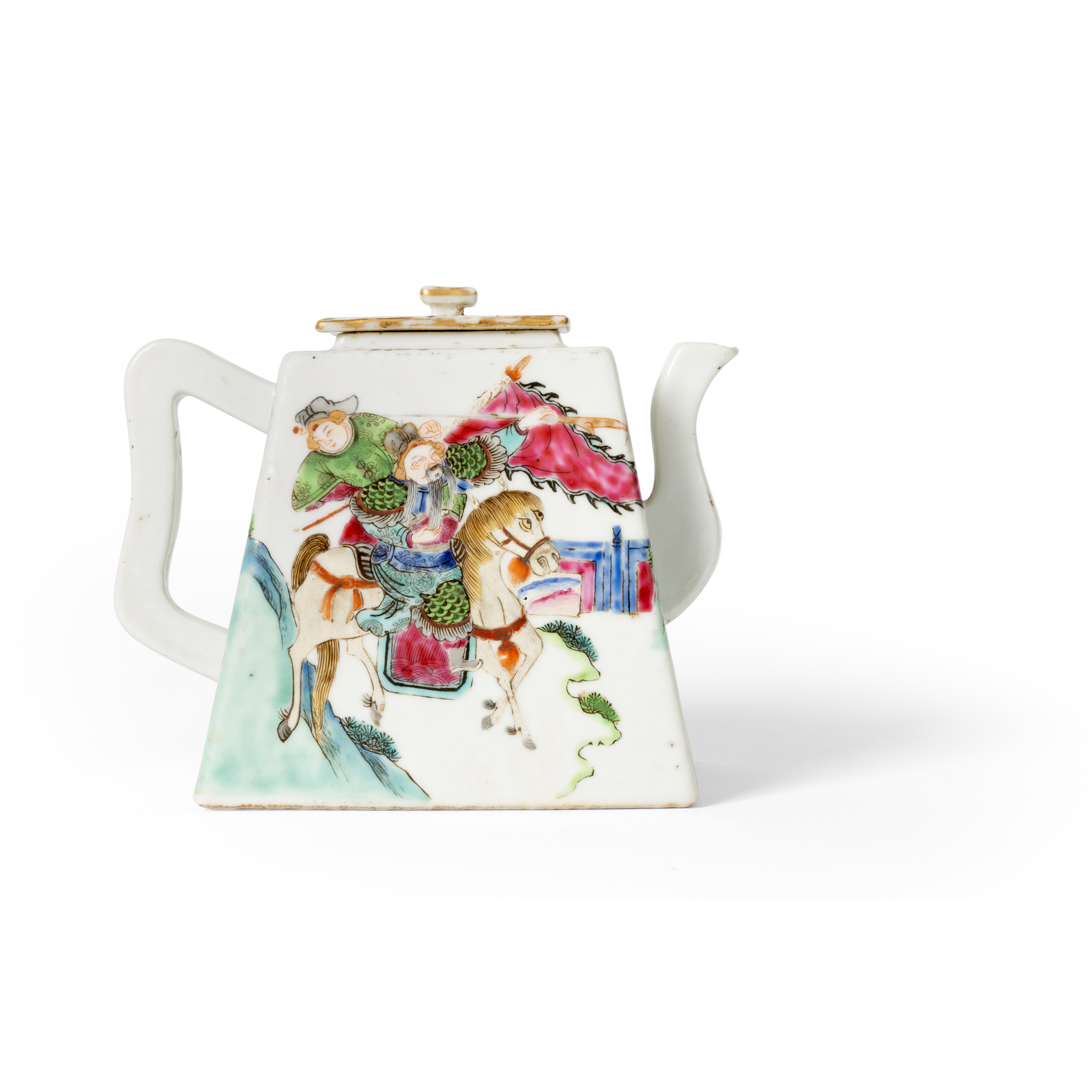CHINESE FAMILLE ROSE 'CAVALIER' RECTANGULAR TEAPOT WITH COVER