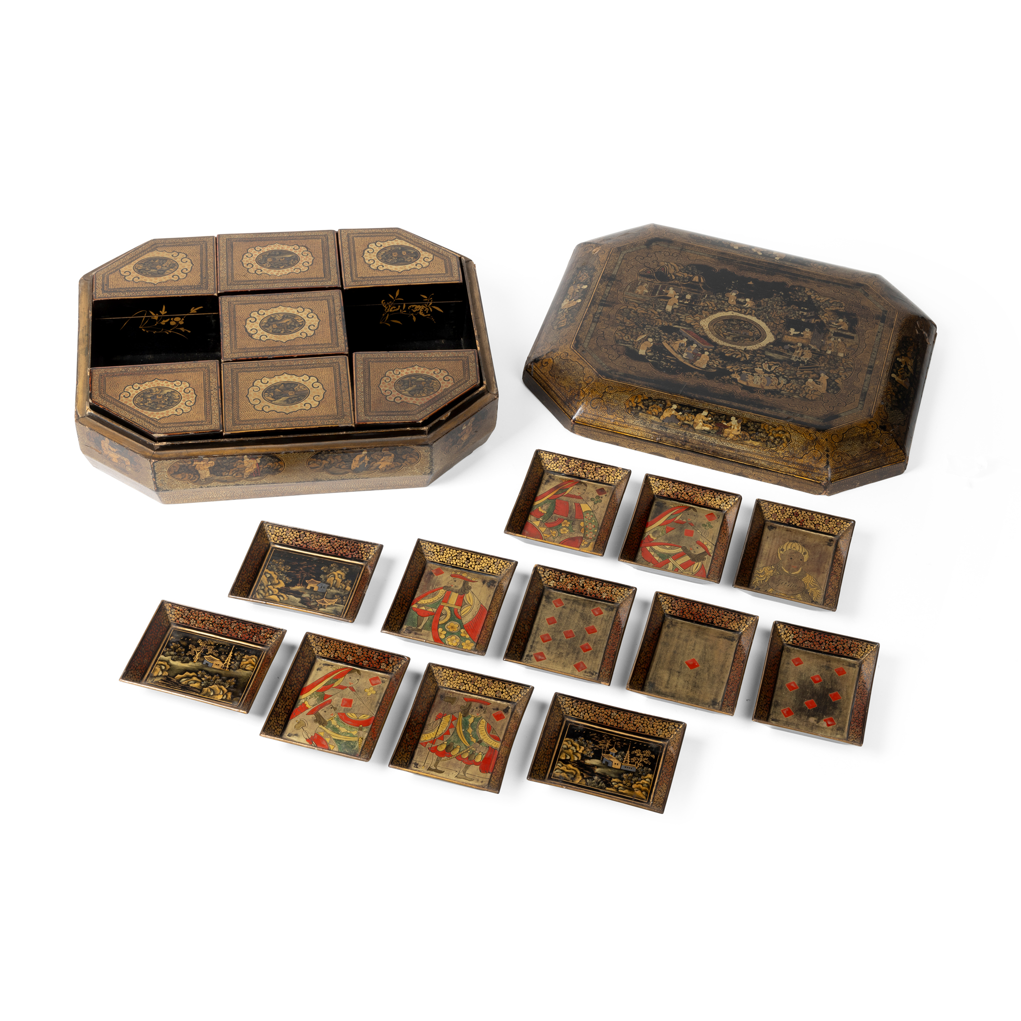 GILT-DECORATED LACQUER OCTAGONAL GAME BOX