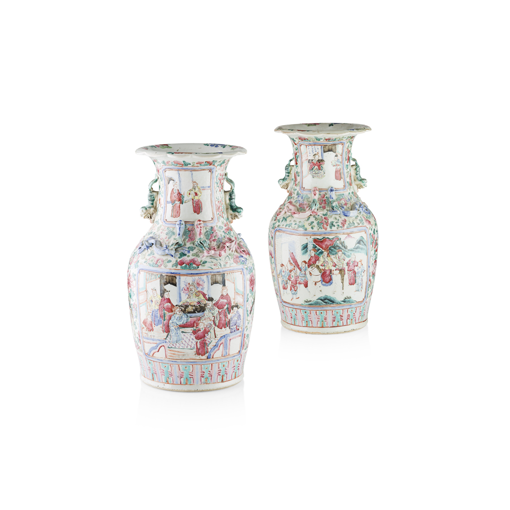 PAIR OF CANTON FAMILLE ROSE VASES