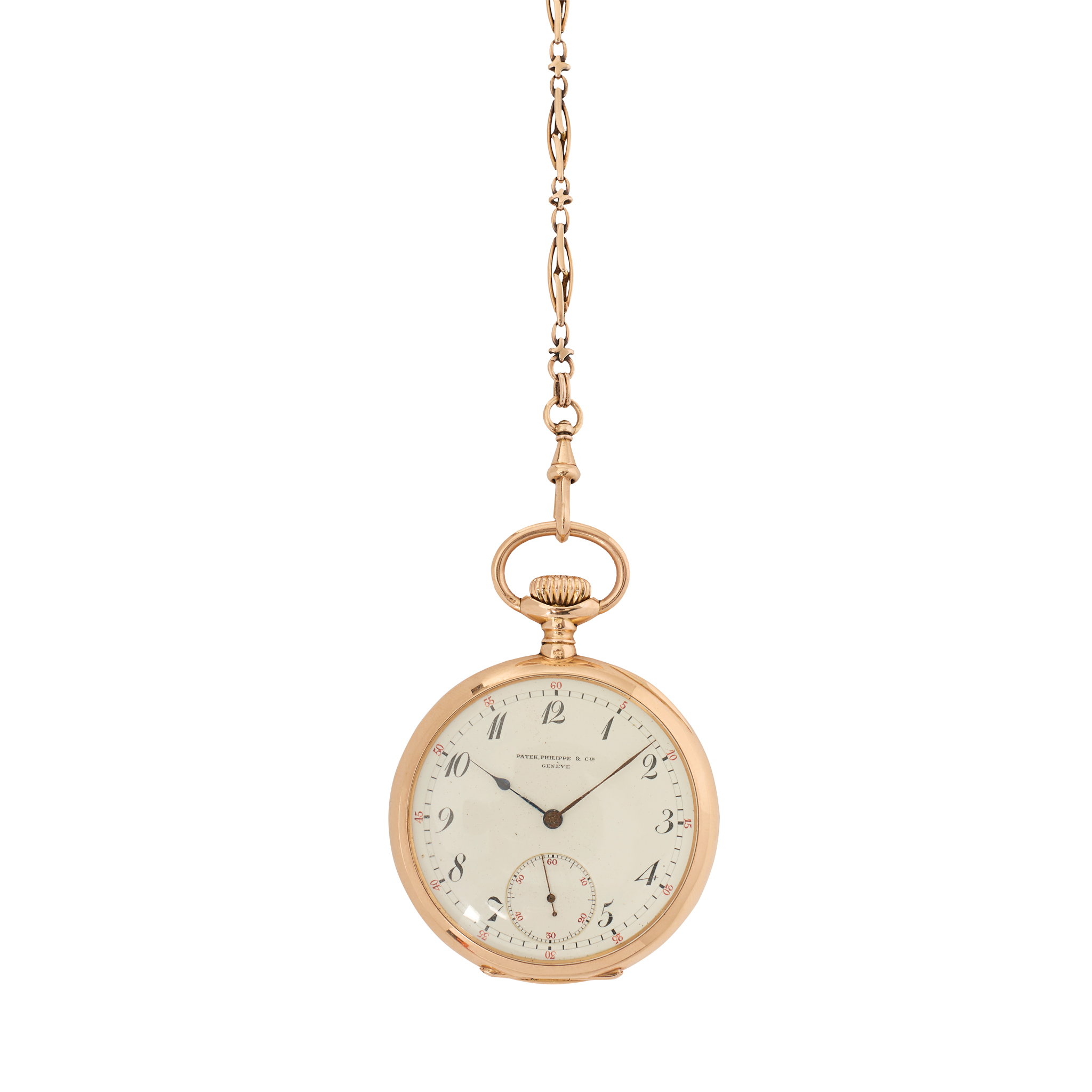 Patek Philippe & Cie. An 18k pink gold open face pocket watch with associated chain