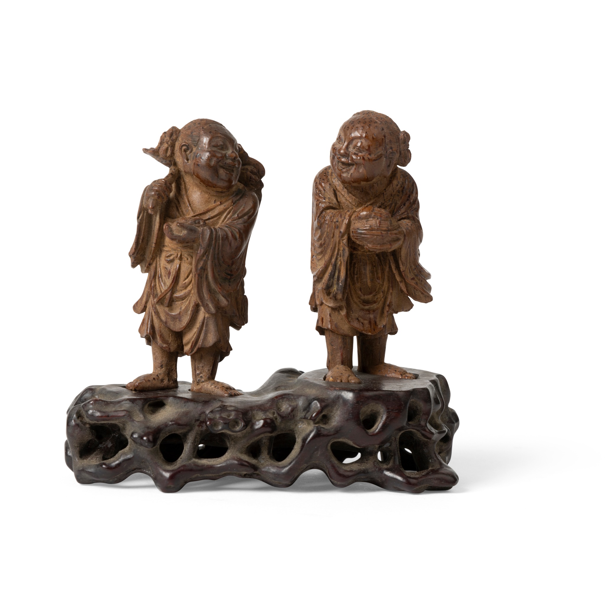 CARVED BAMBOO 'HEHE ERXIAN TWINS' FIGURAL GROUP