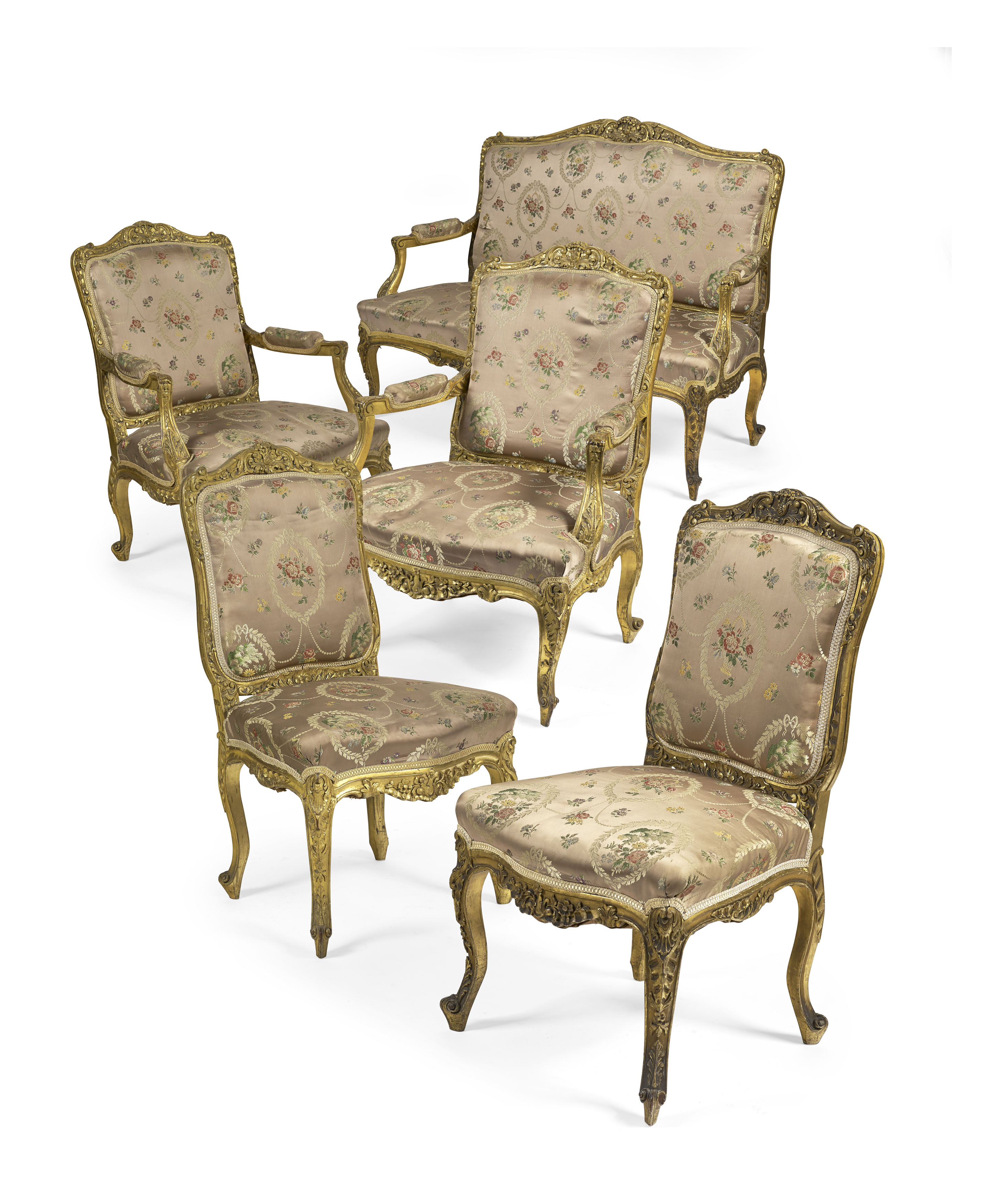 LOUIS XV STYLE FIVE PIECE GILTWOOD SALON SUITE
