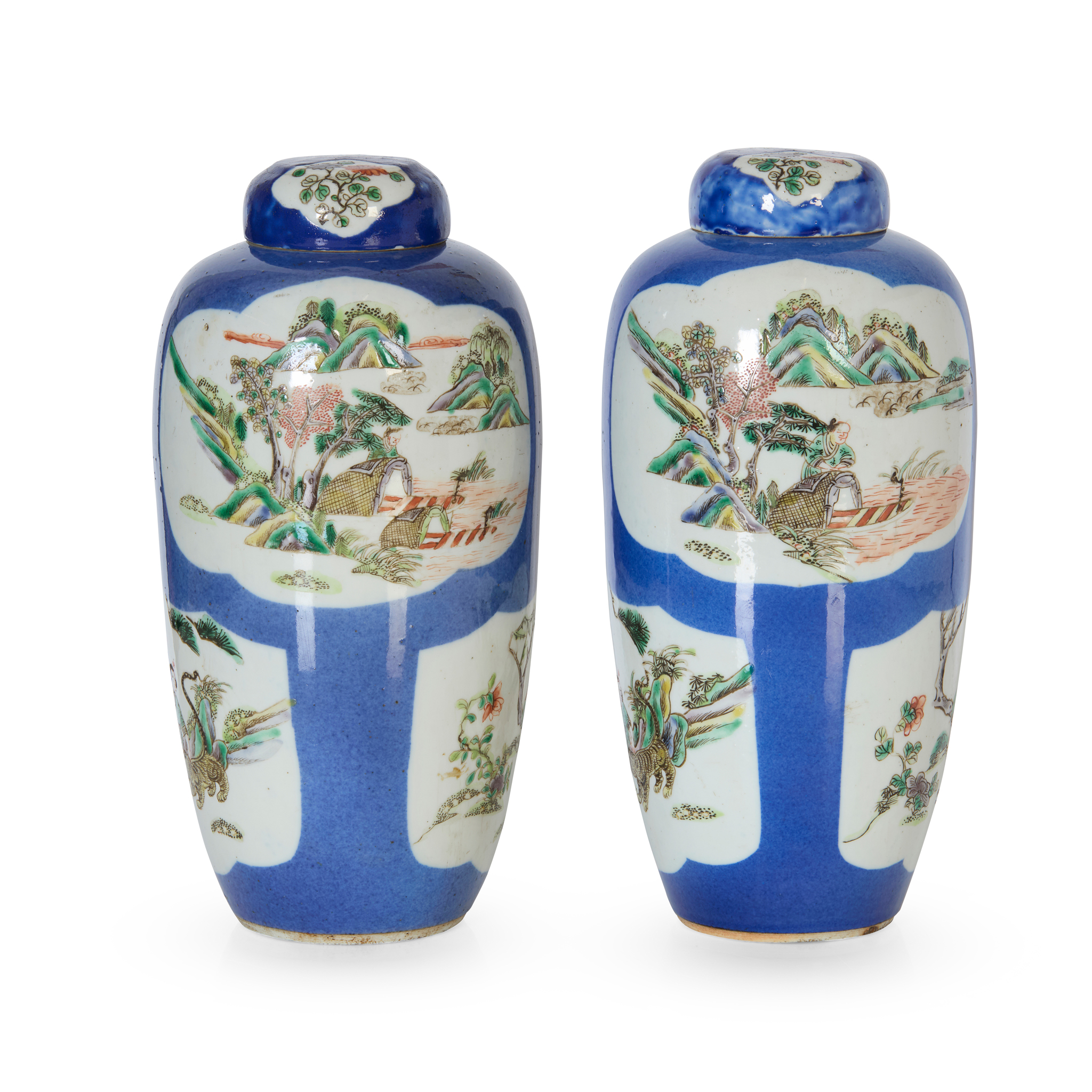 PAIR OF CHINESE POWDER-BLUE-GROUND FAMILLE VERTE LIDDED JARS