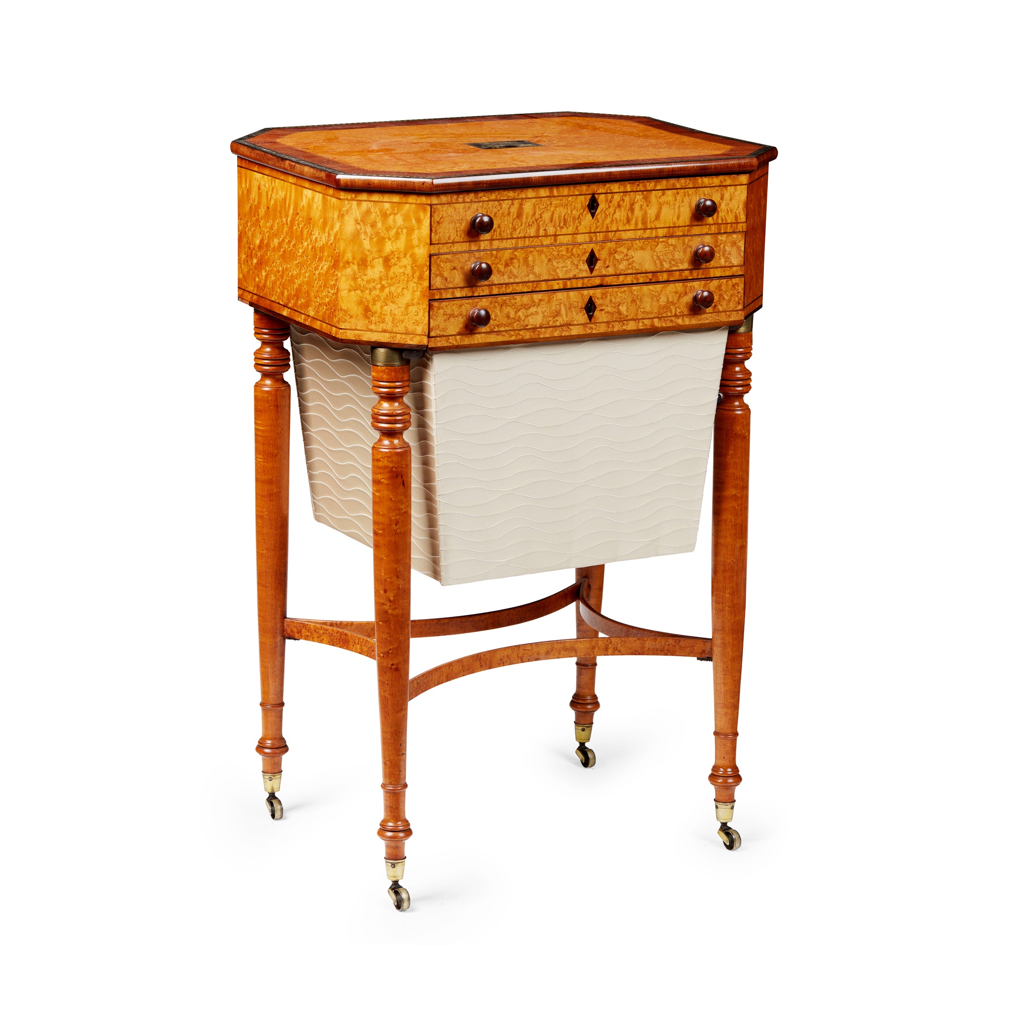 REGENCY BIRD'S EYE MAPLE, MAHOGANY AND BRASS INLAID WORK TABLE