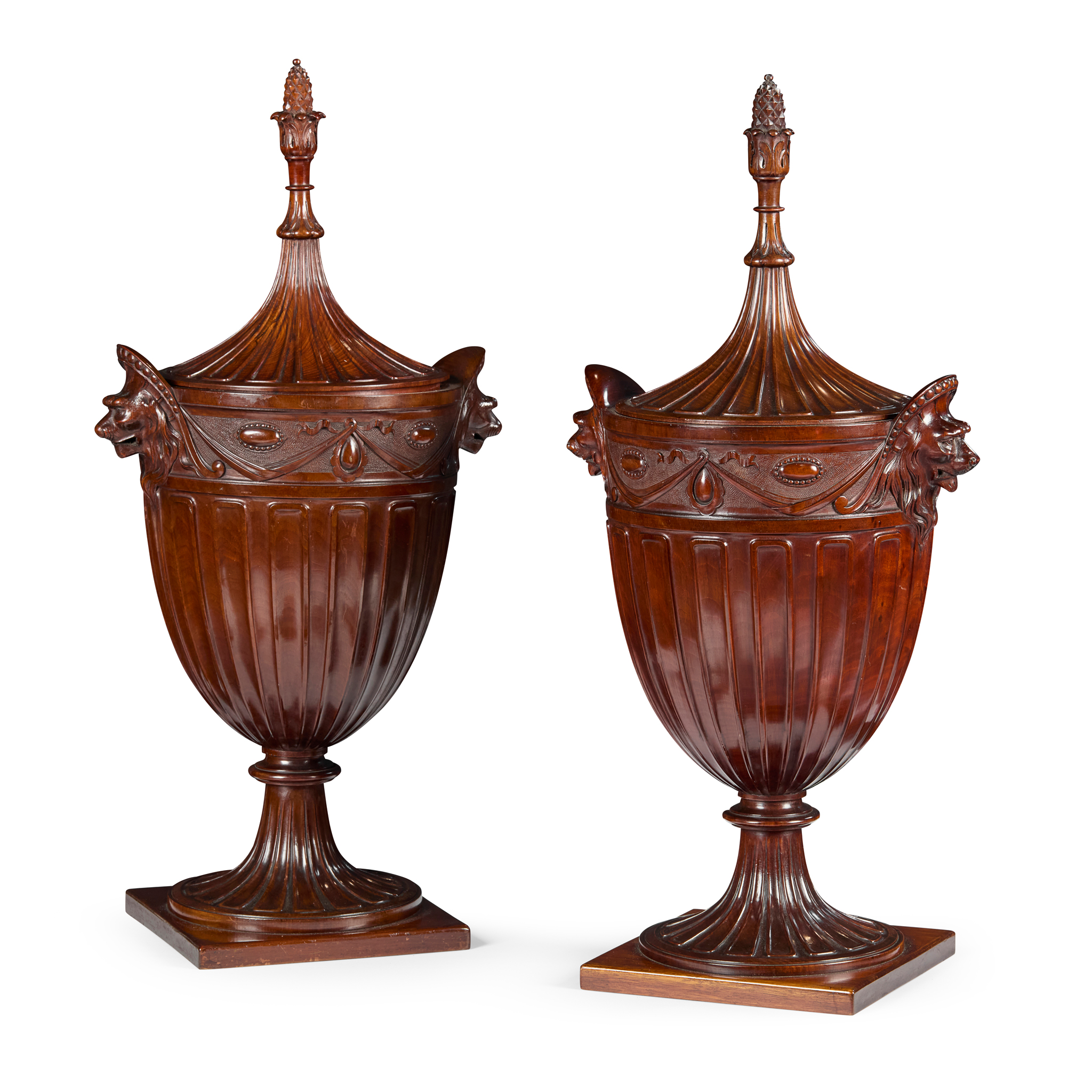 PAIR OF GEORGE III STYLE LARGE CARVED MAHOGANY URNS