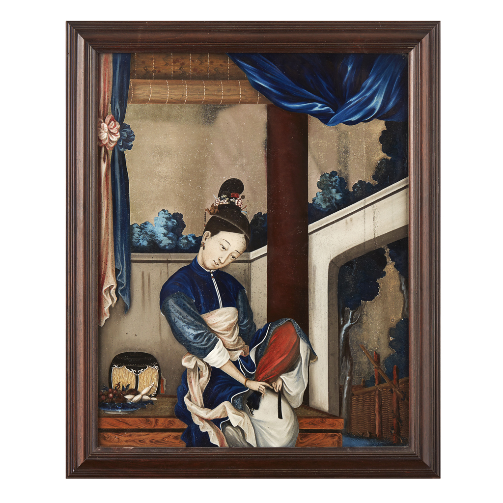 REVERSE-PAINTED GLASS PICTURE OF A GIRL FASTENING HER SHOE