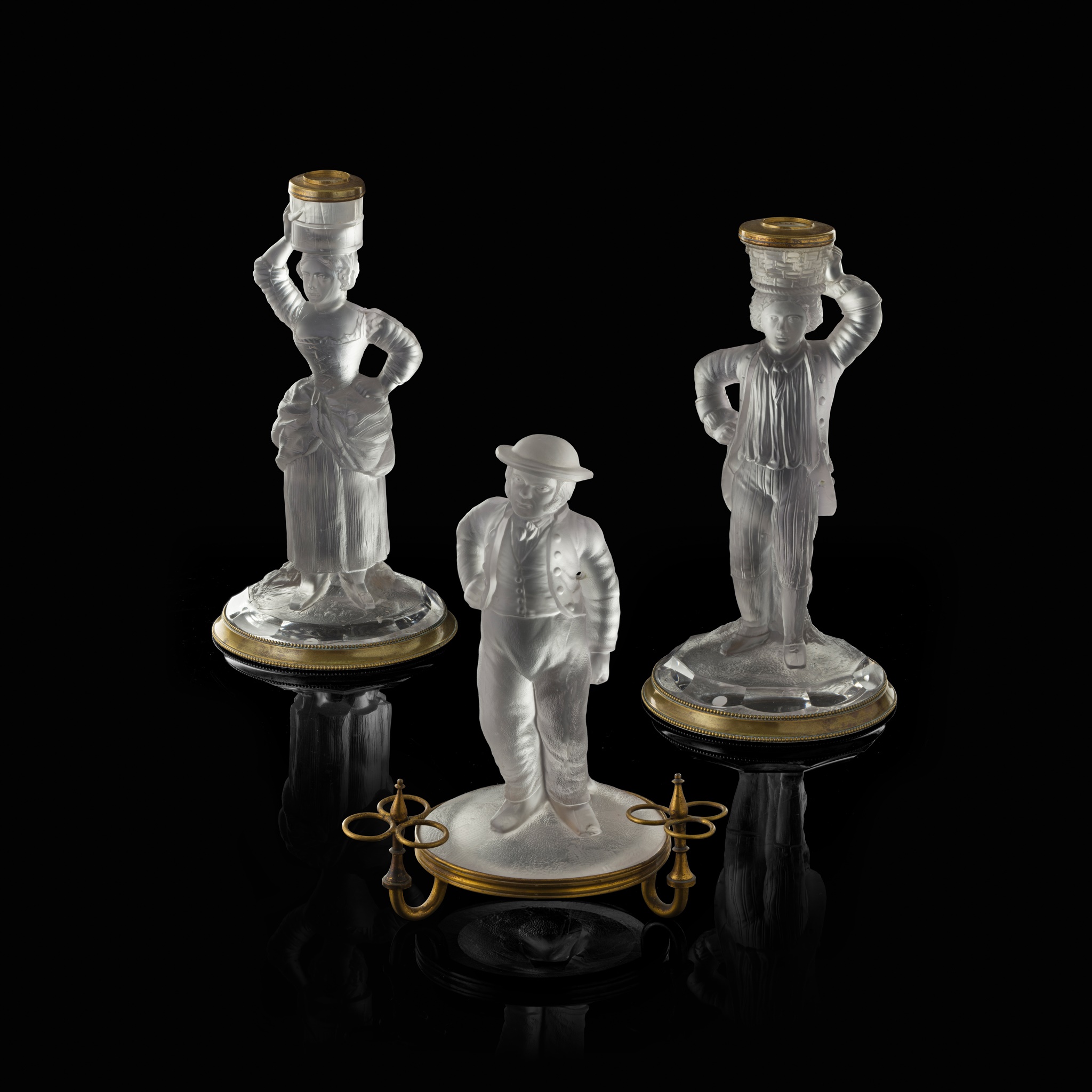 THREE MOULDED AND FROSTED GLASS FIGURES BY JOHN FORD, HOLYROOD GLASS WORKS