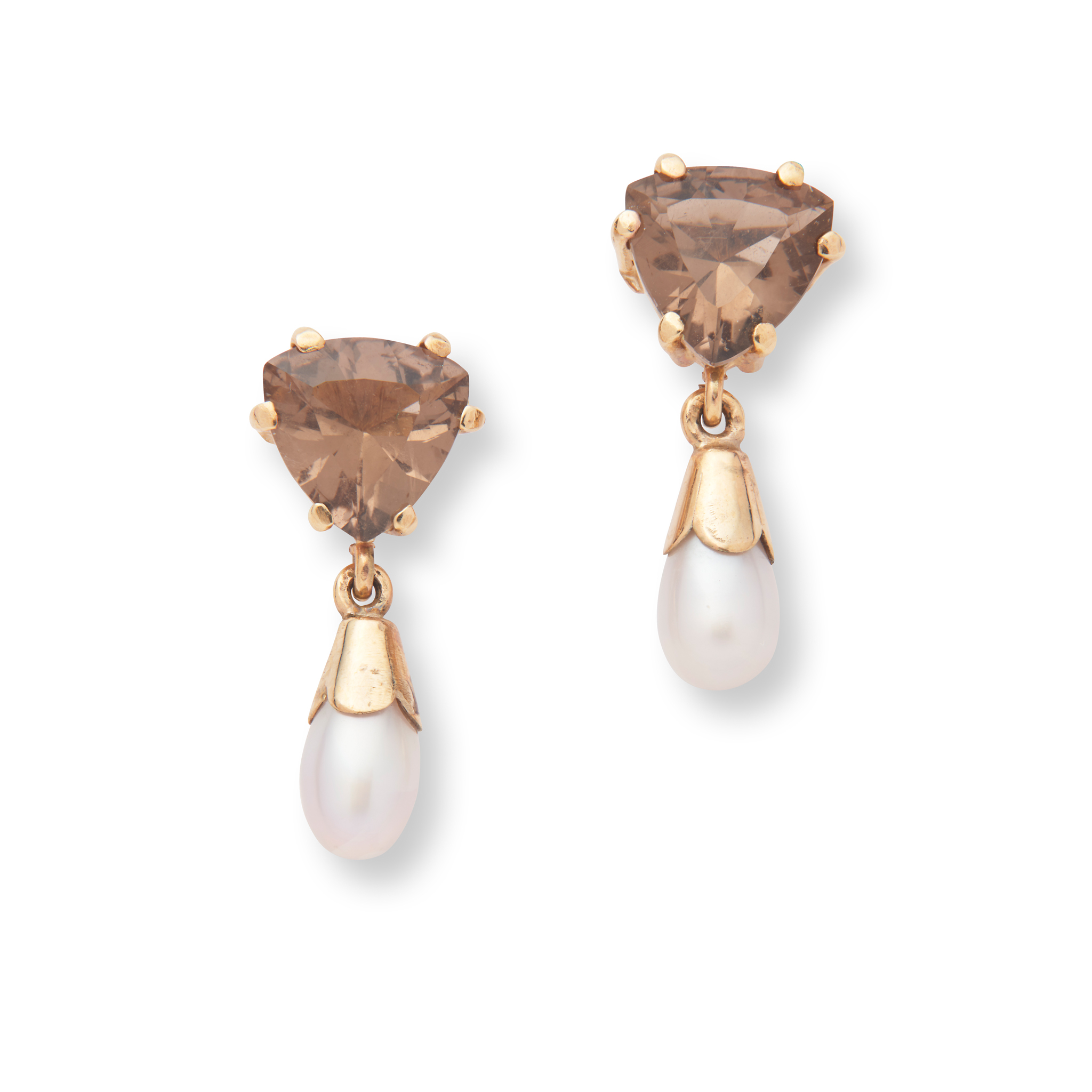 Cairncross of Perth: A pair of 9ct gold Scottish freshwater pearl and smoky quartz earrings
