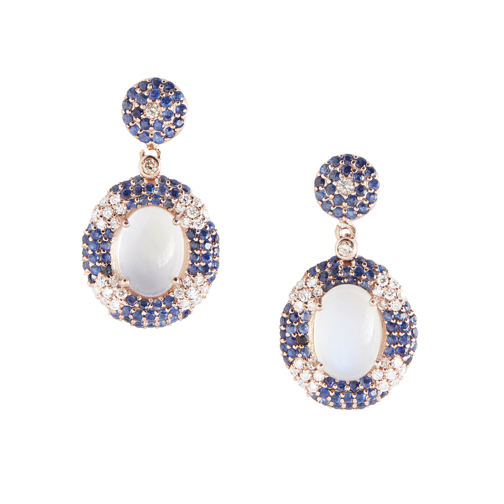 A pair of moonstone, diamond and sapphire set pendant earrings