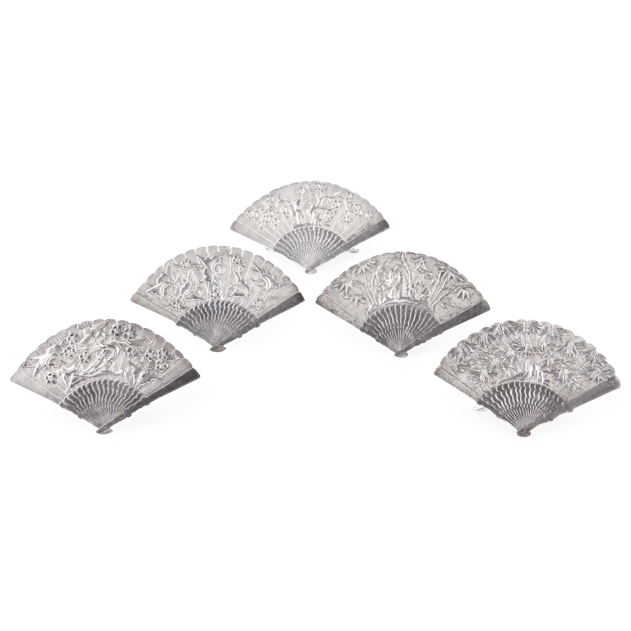 COLLECTION OF FIVE SILVER FAN-SHAPED MENU HOLDERS