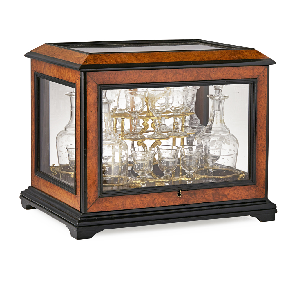 VICTORIAN BURR WALNUT, ROSEWOOD, EBONISED, AND GLAZED DECANTER AND GLASS CASE