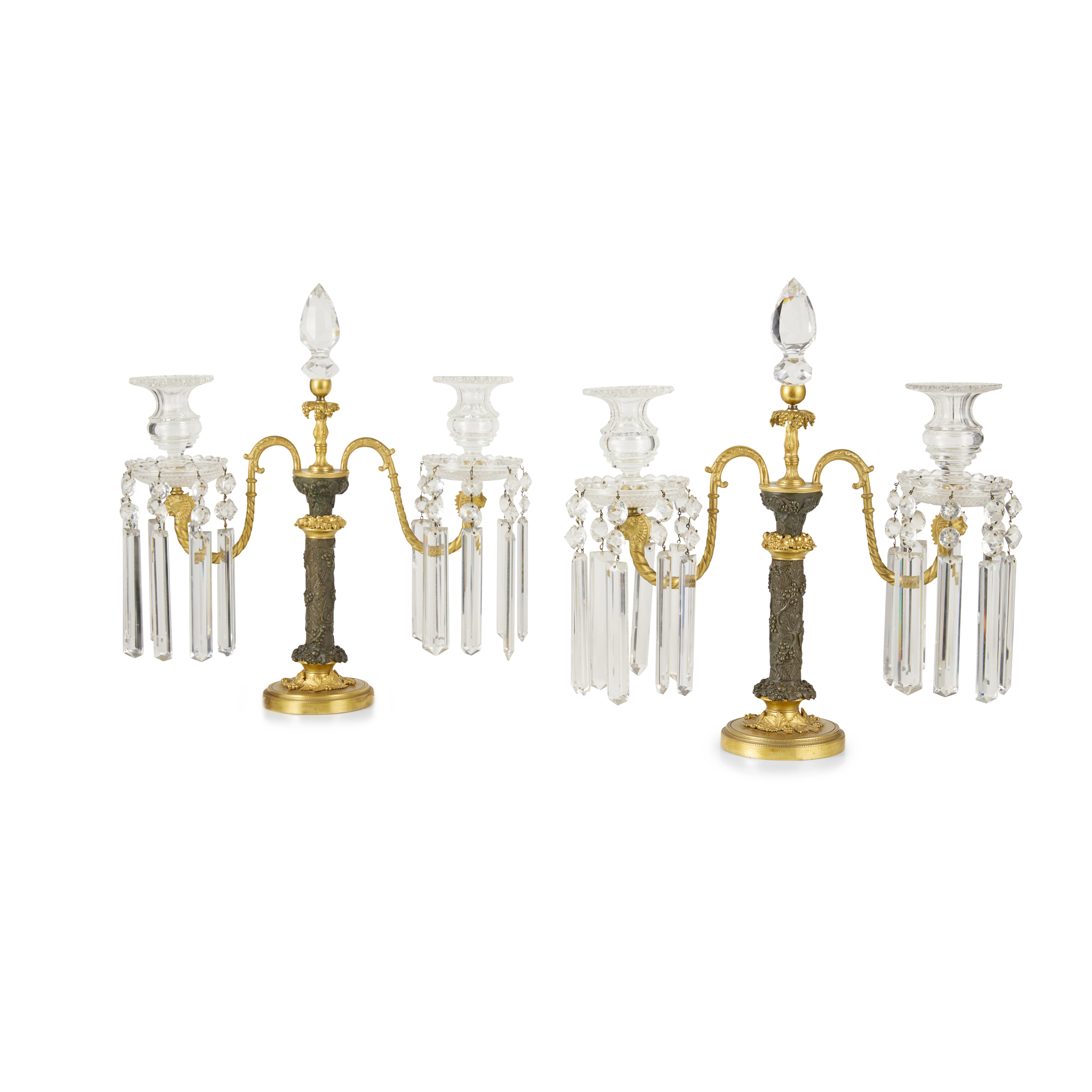 PAIR OF REGENCY GILT AND PATINATED BRONZE CUT GLASS LUSTRES