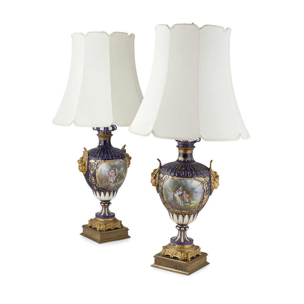 PAIR OF SÈVRES STYLE GILT METAL MOUNTED PORCELAIN VASES