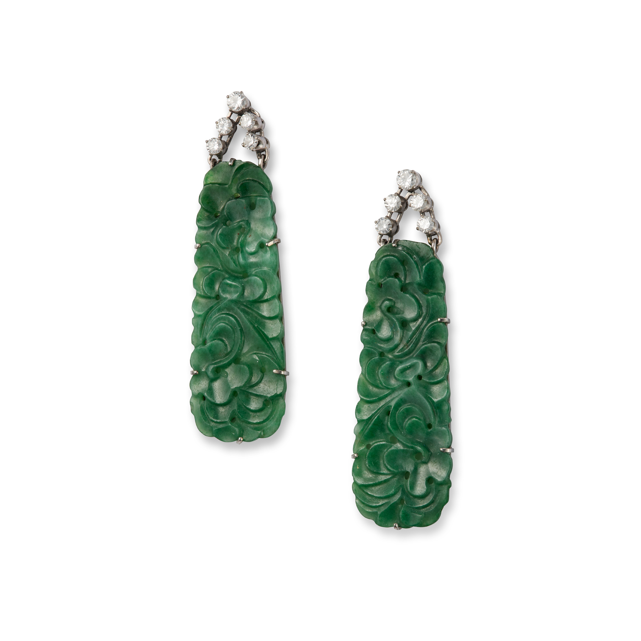 A pair of jade and diamond earrings