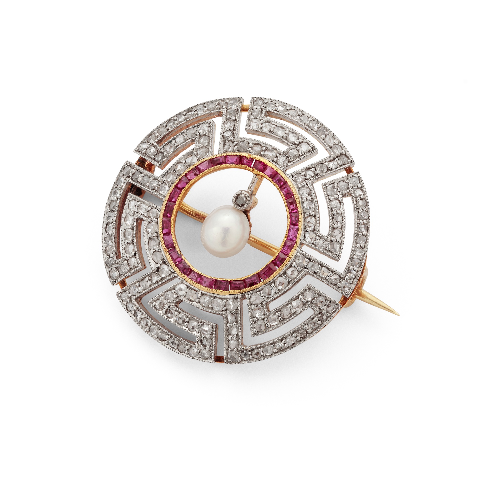 An early 20th century diamond, ruby and pearl brooch
