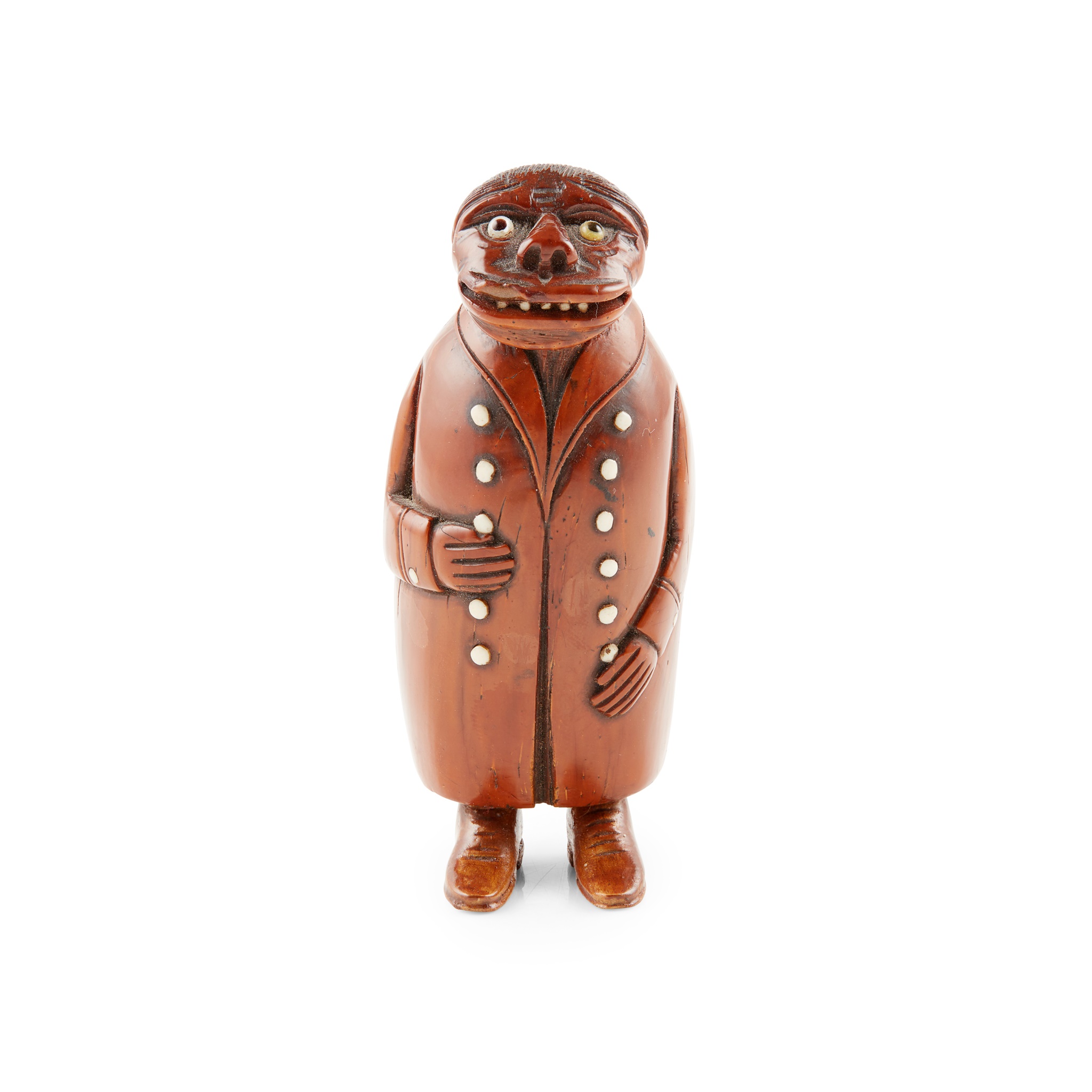 CARVED COQUILLA NUT CHARACTER SNUFF BOX