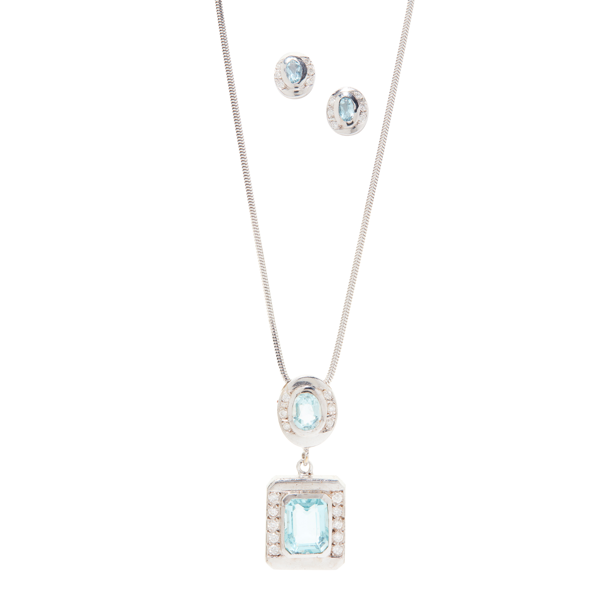 An aquamarine and diamond pendant and earrings