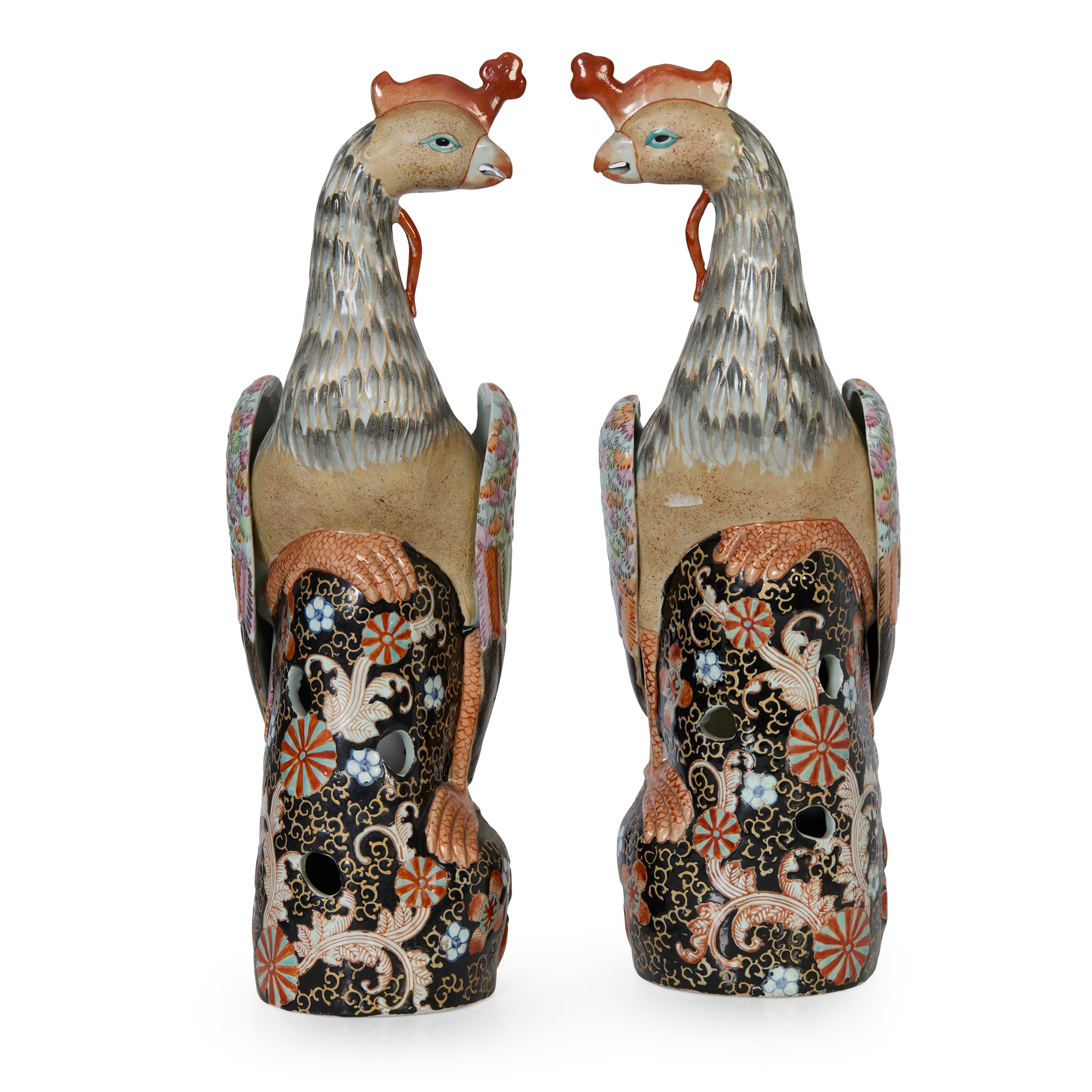 PAIR OF LARGE CHINESE FAMILLE ROSE FIGURES OF PHOENIXES