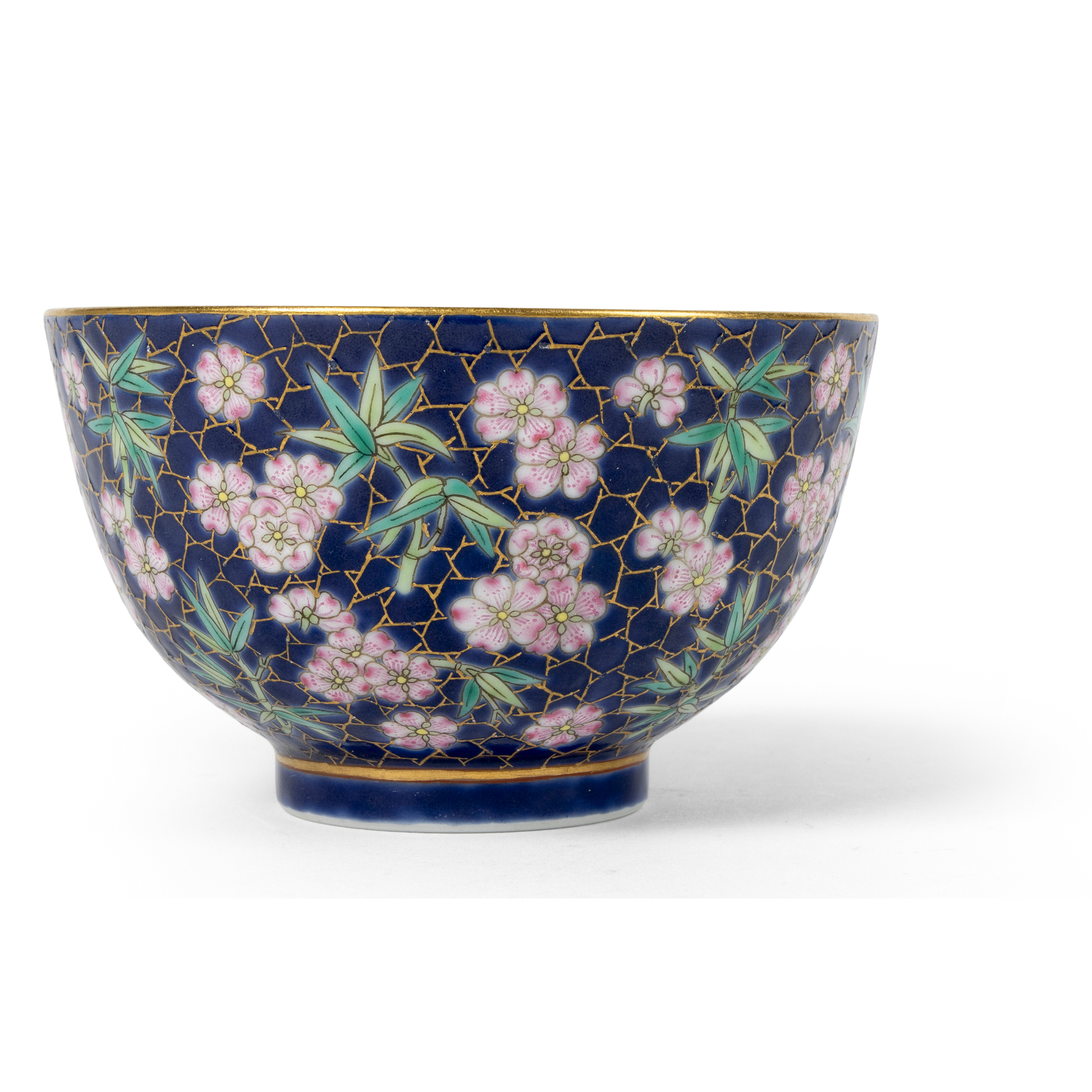 CHINESE BLUE-GROUND FAMILLE ROSE 'PRUNUS AND BAMBOO' BOWL
