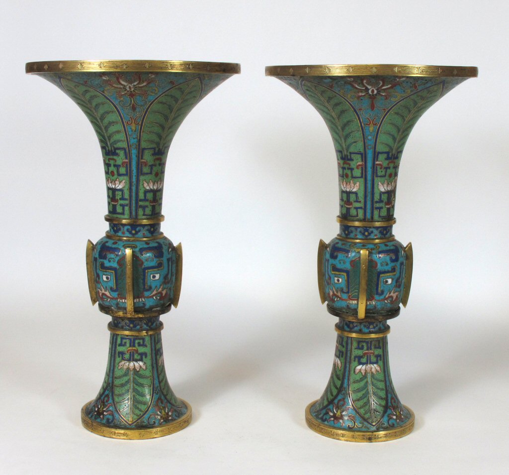 GOOD PAIR OF CHINESE CLOISONNE ENAMEL GU FORM VASES