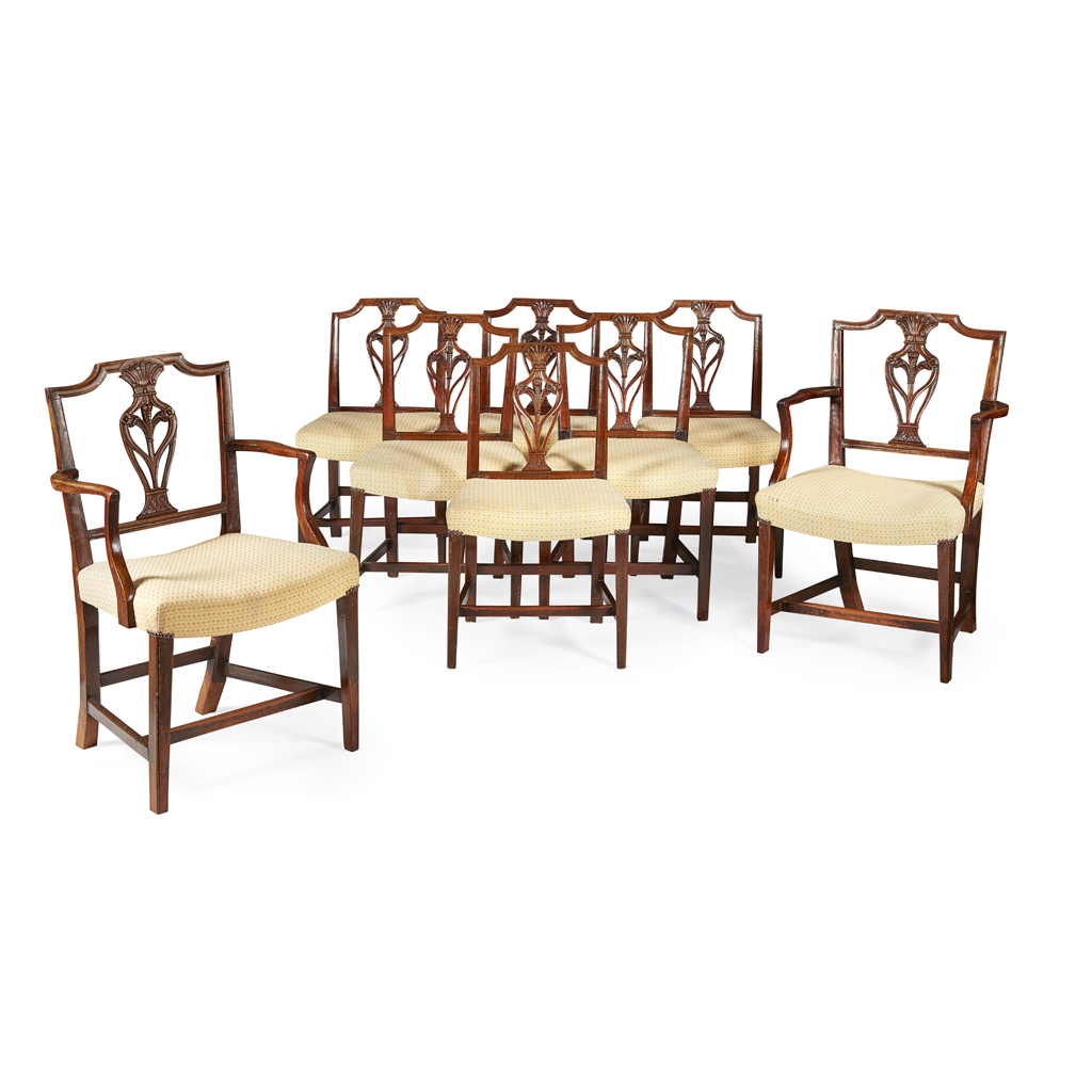 SET OF EIGHT LATE GEORGE III STYLE MAHOGANY DINING CHAIRS