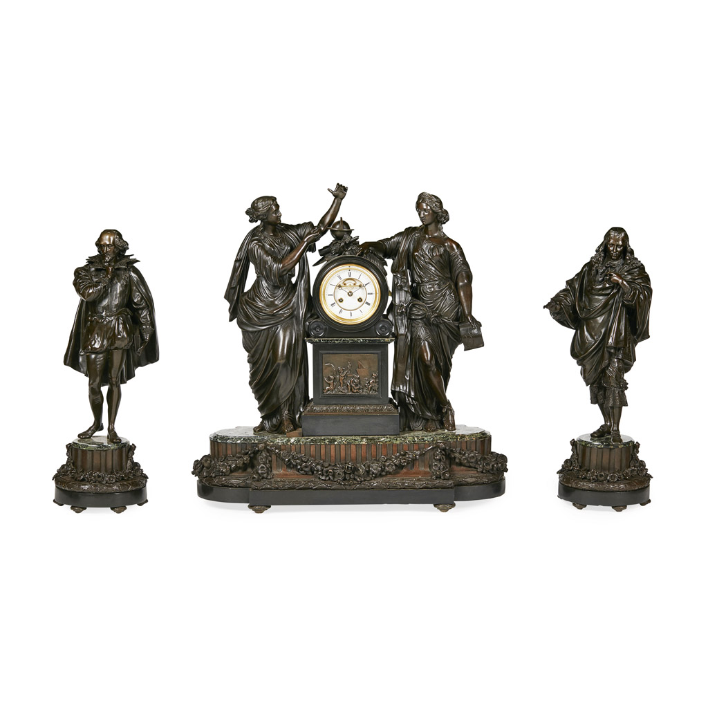 FINE AND LARGE FRENCH BRONZE AND MARBLE CLOCK GARNITURE EMBLEMATIC OF LITERATURE