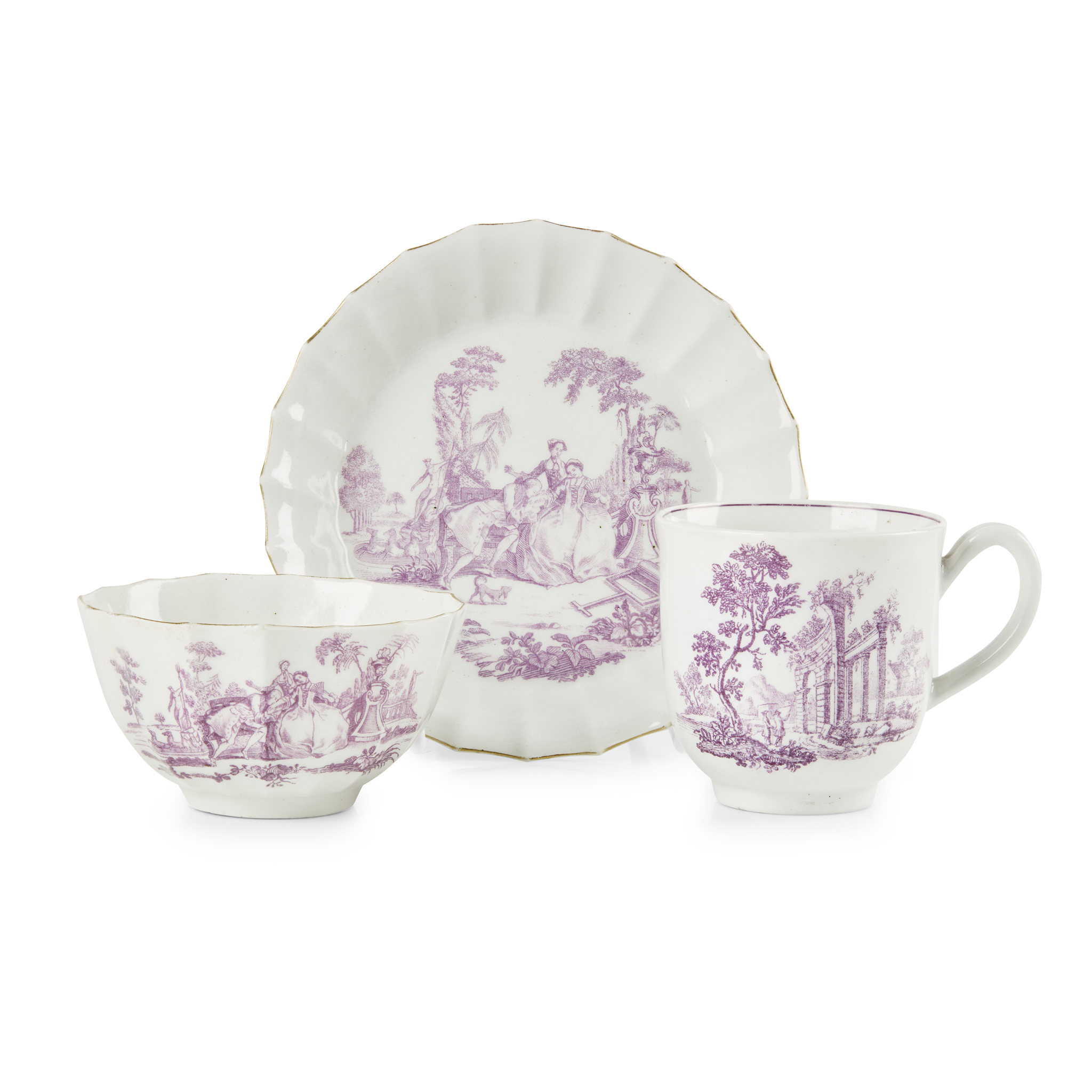 WORCESTER PUCE PRINTED TEABOWL AND SAUCER