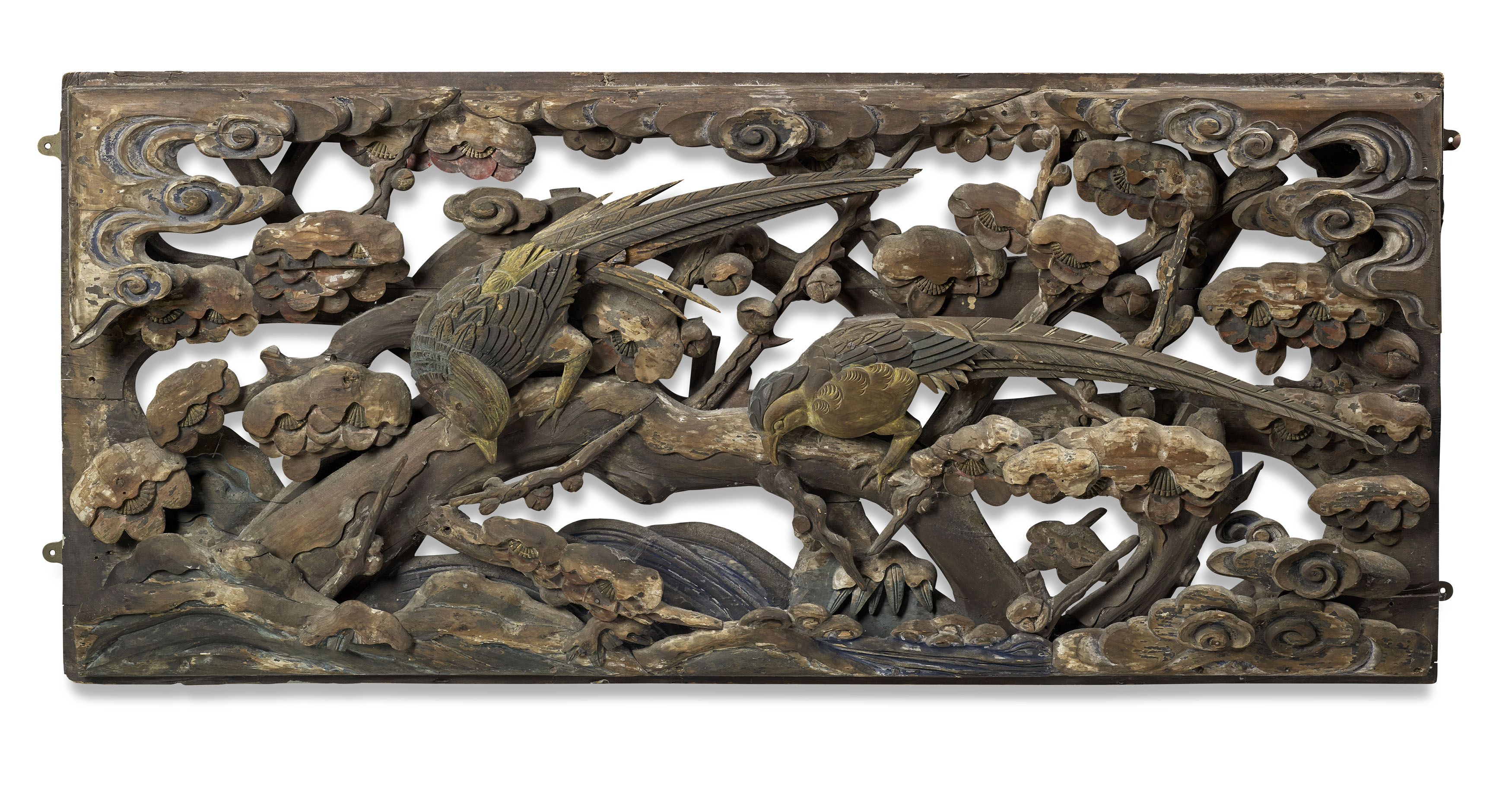 LARGE CHINESE CARVED POLYCHROMED PANEL