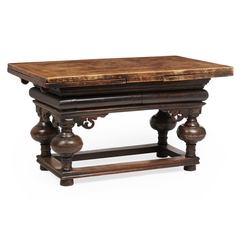 FLEMISH WALNUT AND FRUITWOOD DRAW LEAF TABLE