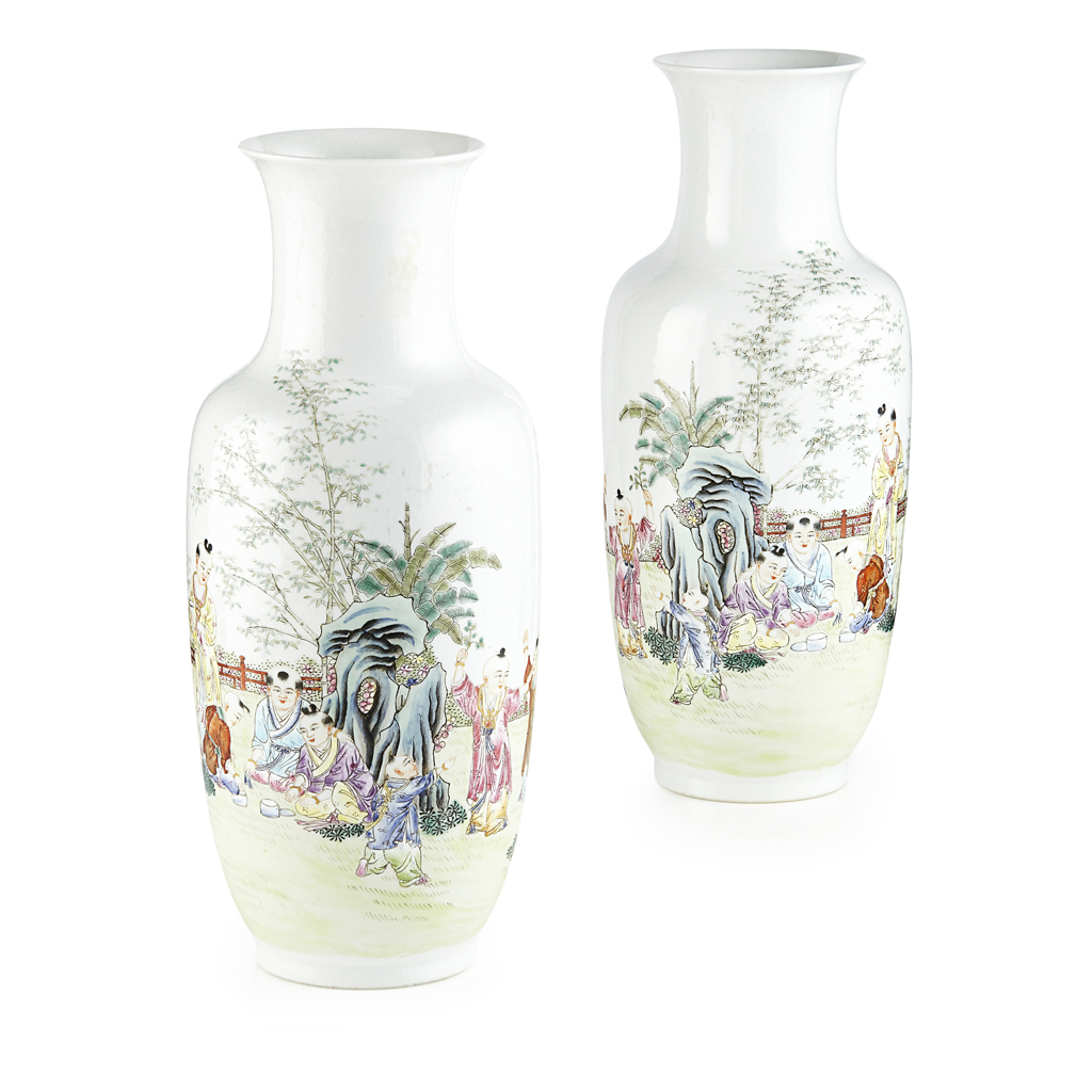 PAIR OF FAMILLE ROSE 'BOYS' VASES, GUANYIN PING