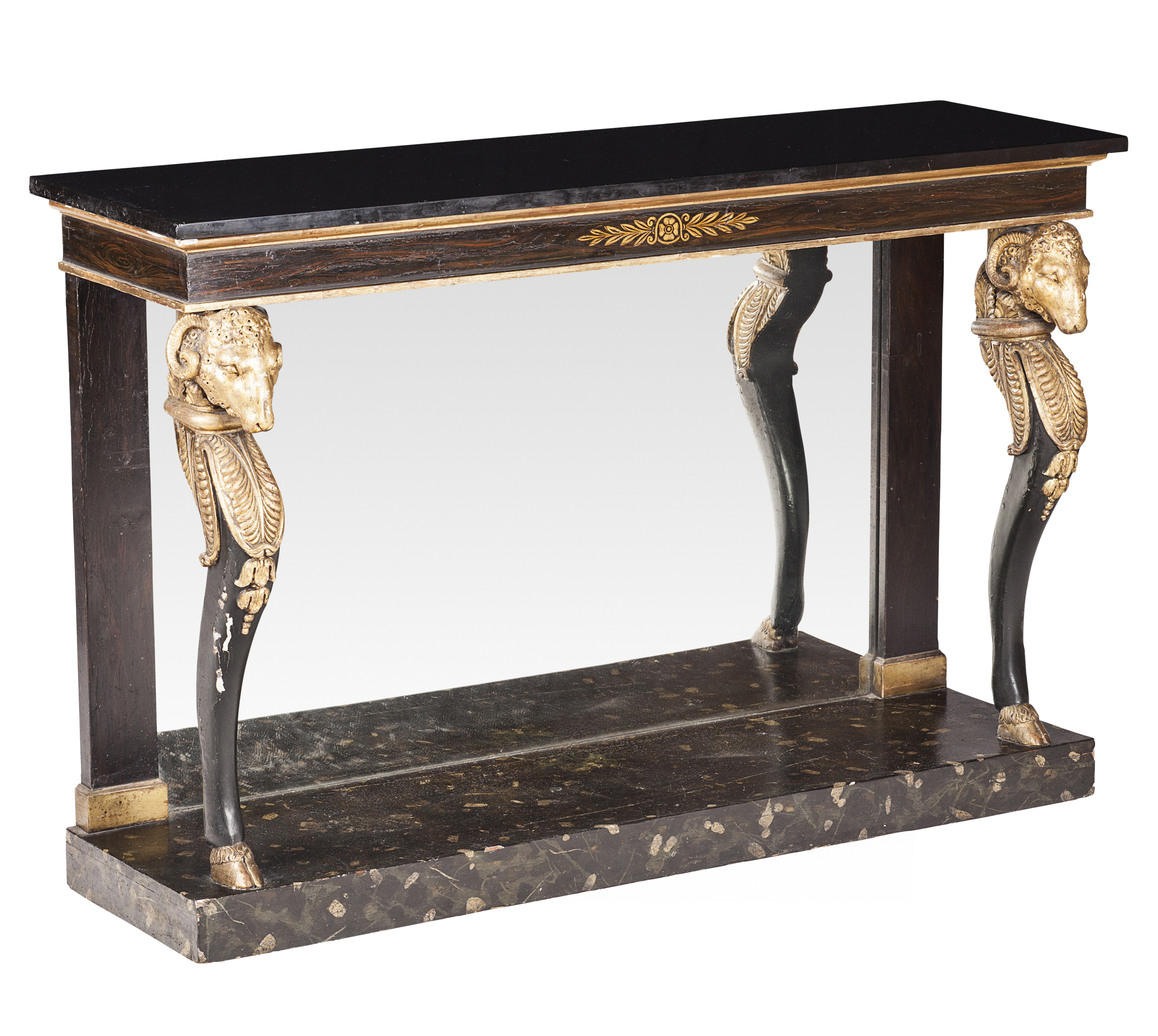 CONTINENTAL EBONISED AND PARCEL GILT SLATE TOP CONSOLE TABLE