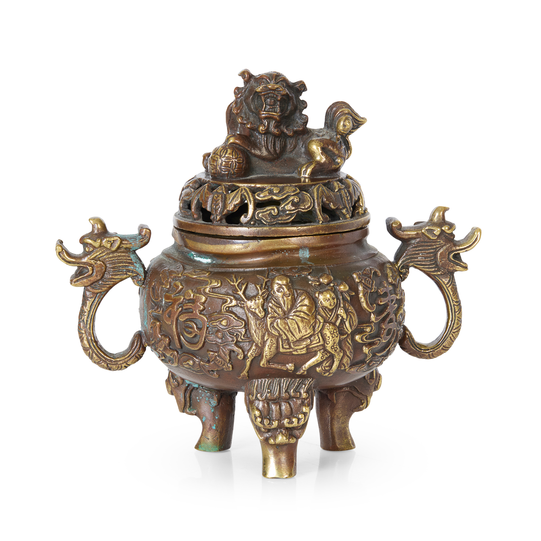 CHINESE BRONZE TRIPOD CENSER WITH COVER