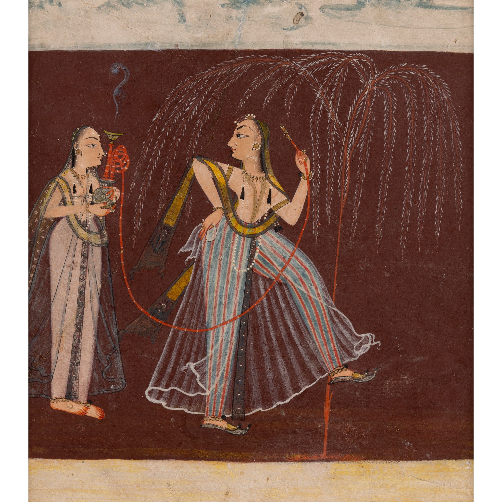 AN ILLUSTRATION TO A NAYIKA SERIES: A LADY SMOKING A HOOKAH UNDER A DROOPING TREE WATCHED BY HER ATTENDANT