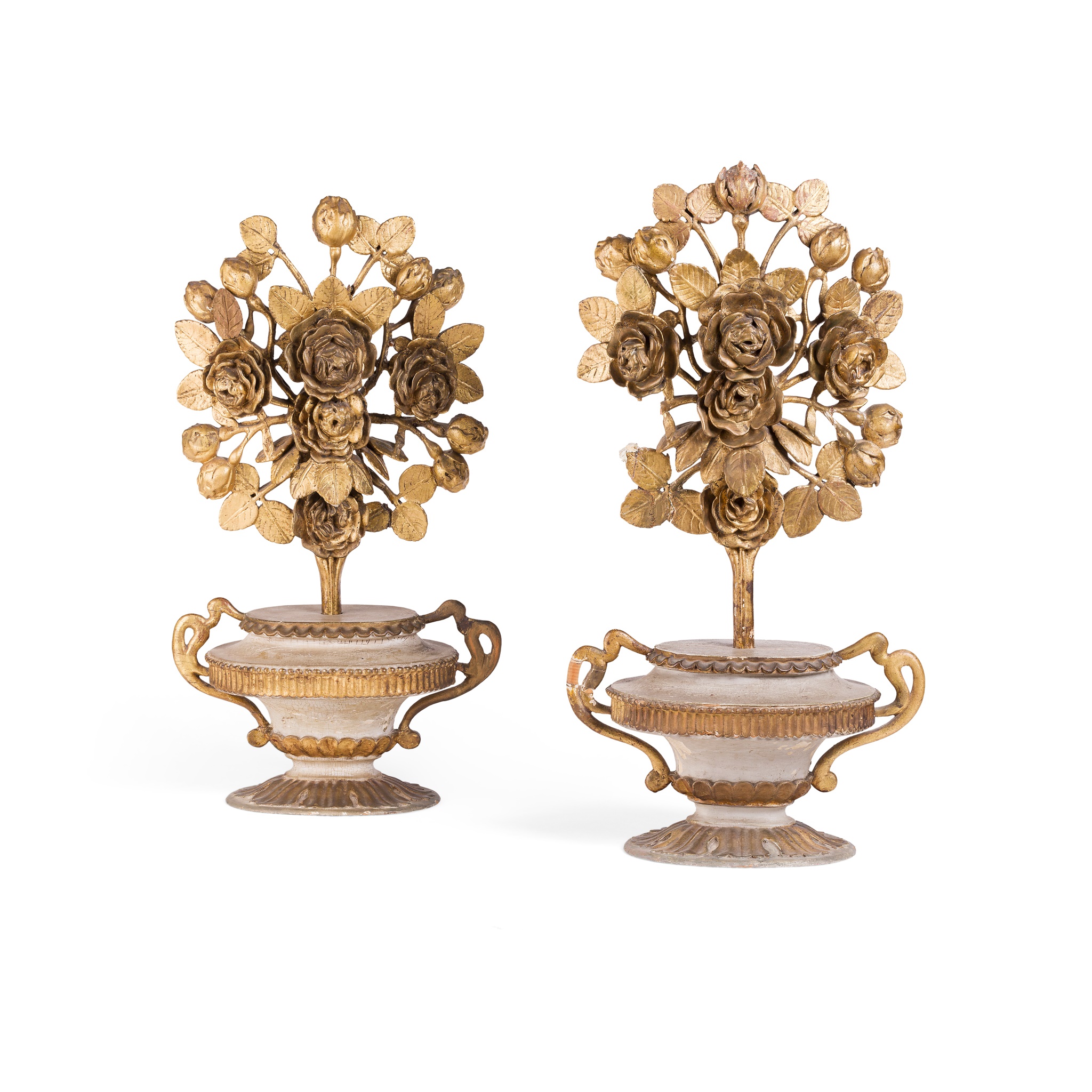PAIR OF ITALIAN PAINTED AND GILT WOOD FLOWERING URNS