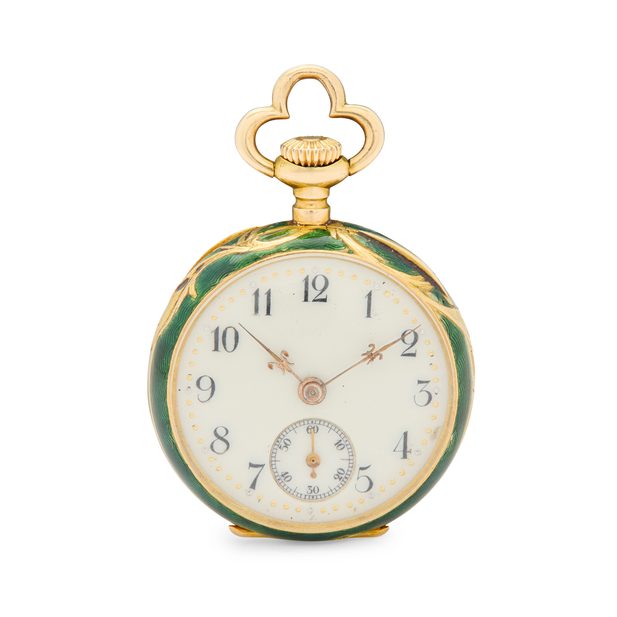 Swiss. An 18k gold and enamel open face fob watch