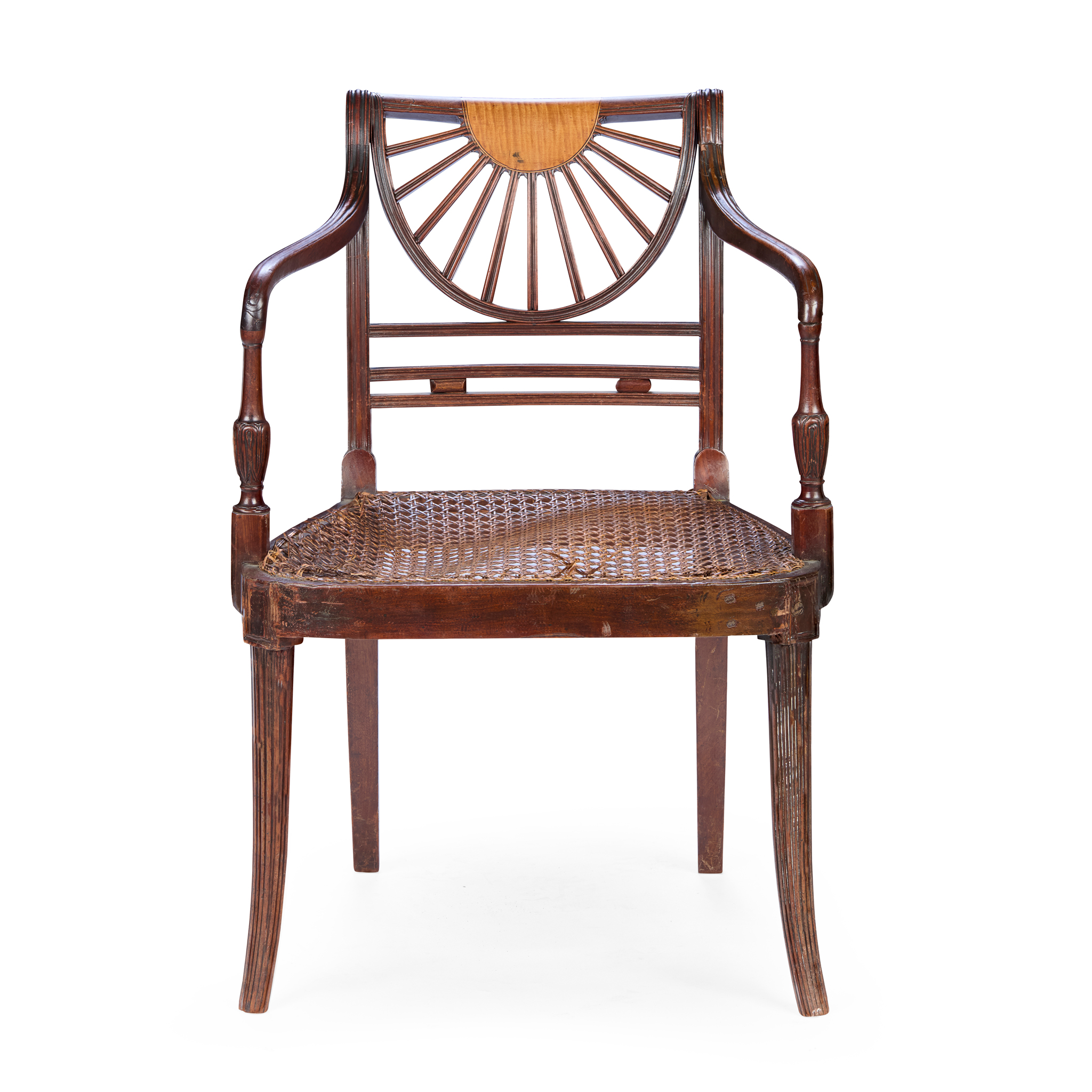LATE GEORGE III MAHOGANY AND SATINWOOD ARMCHAIR