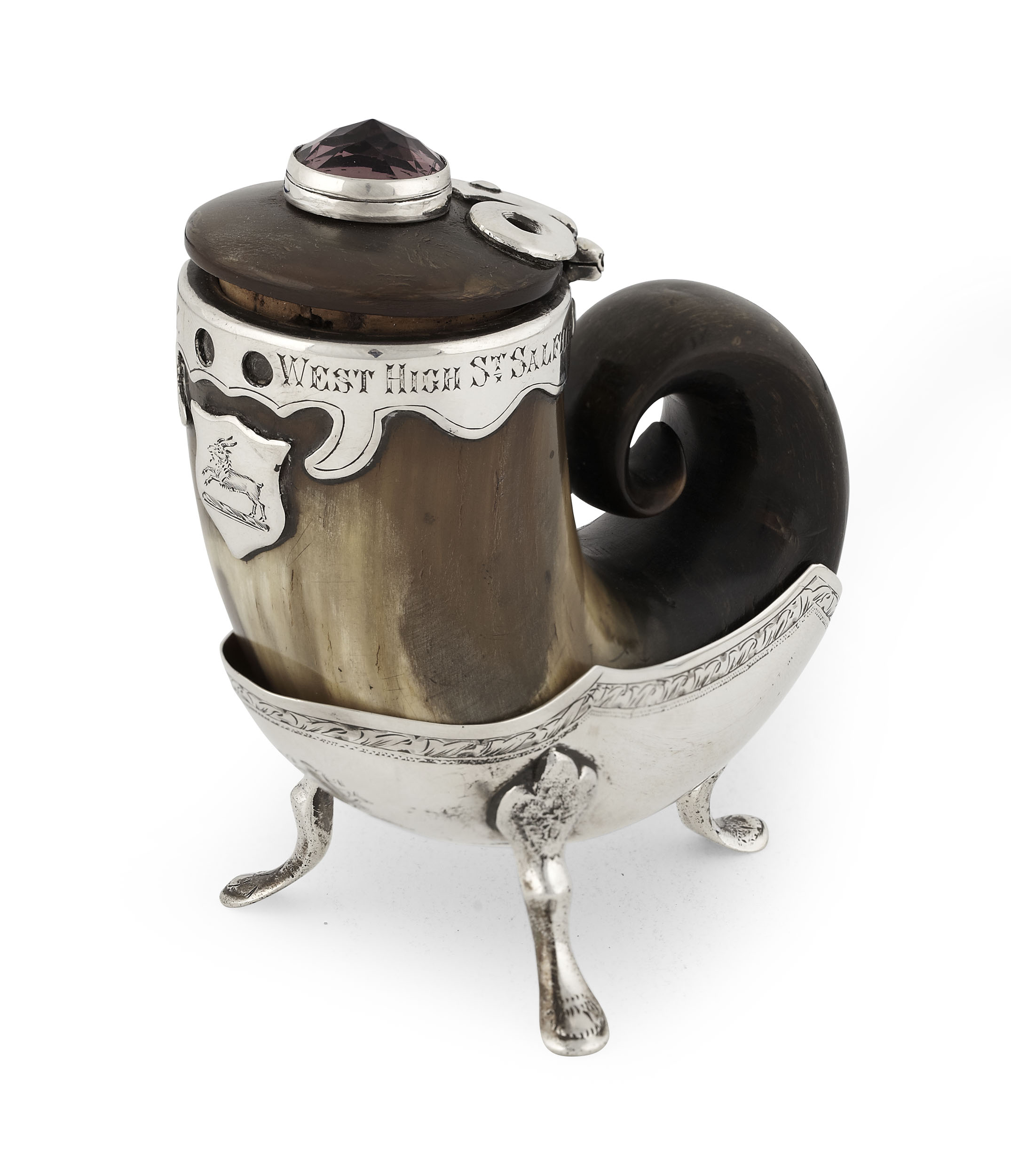 An unusual curly horn snuff mull on stand